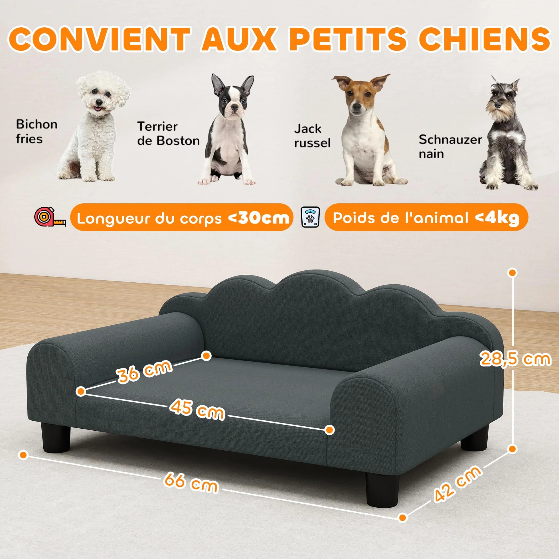 PawHut Canapé pour Chien avec Dossier et Accoudoirs, Respirant, 66 x 42 x 28,5 cm, Gris foncé