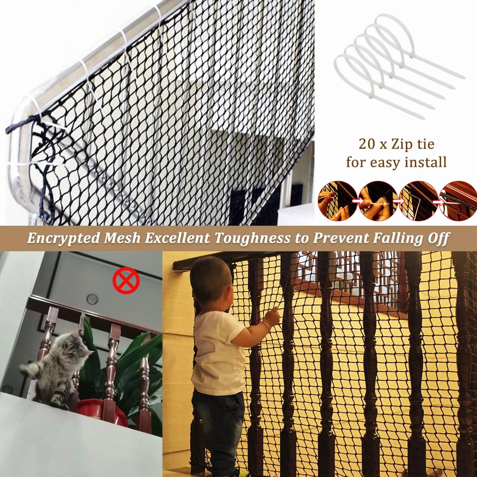 Filet de Protection pour Enfant Chat, Filet de Sécurité Anti Chute sans Nœuds en Polyester pour Escaliers Balcon Clôtures 1x3m Noir