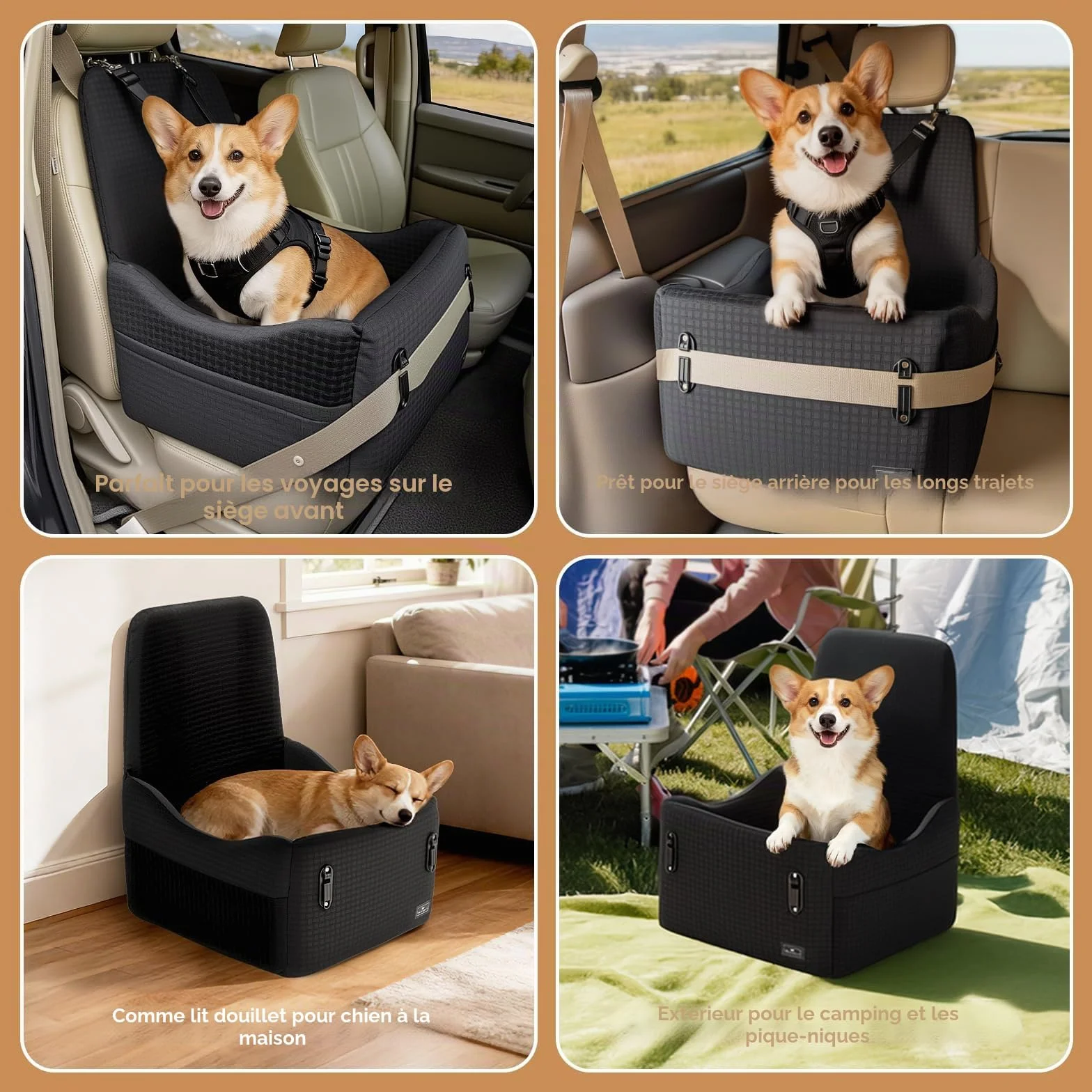 PETSFIT Siège Auto pour Chien jusqu'à 15kg – Système de Sécurité Breveté, Coussin Mémoire de Forme 13cm, Housse Lavable, Noir & Gris