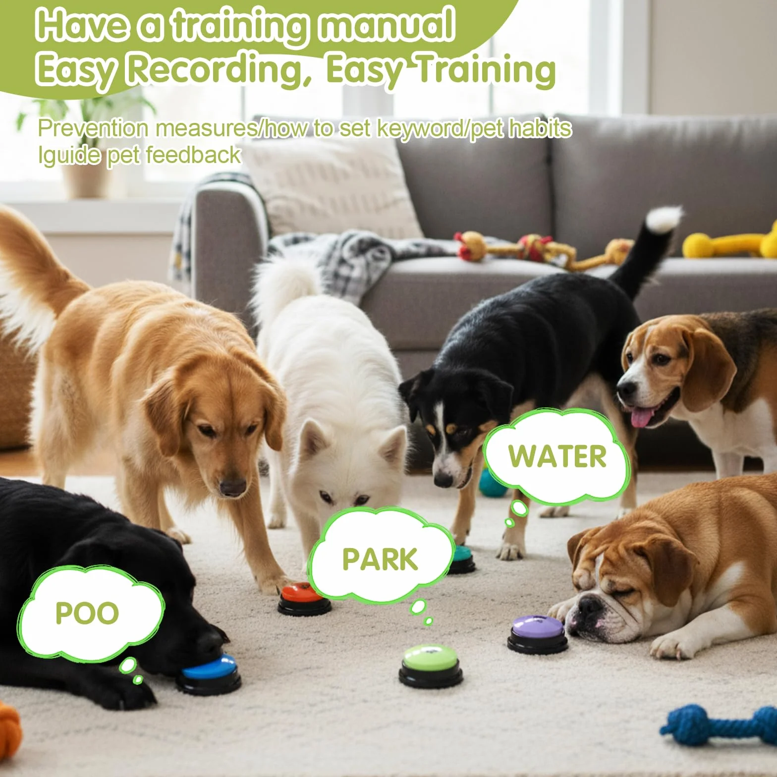 Boutons pour chiens pour la communication Kit de démarrage de 10 boutons pour chiens 30S Boutons d'entraînement enregistrables HD avec tapis antidérapant imperméable + 50 autocollants de scènes