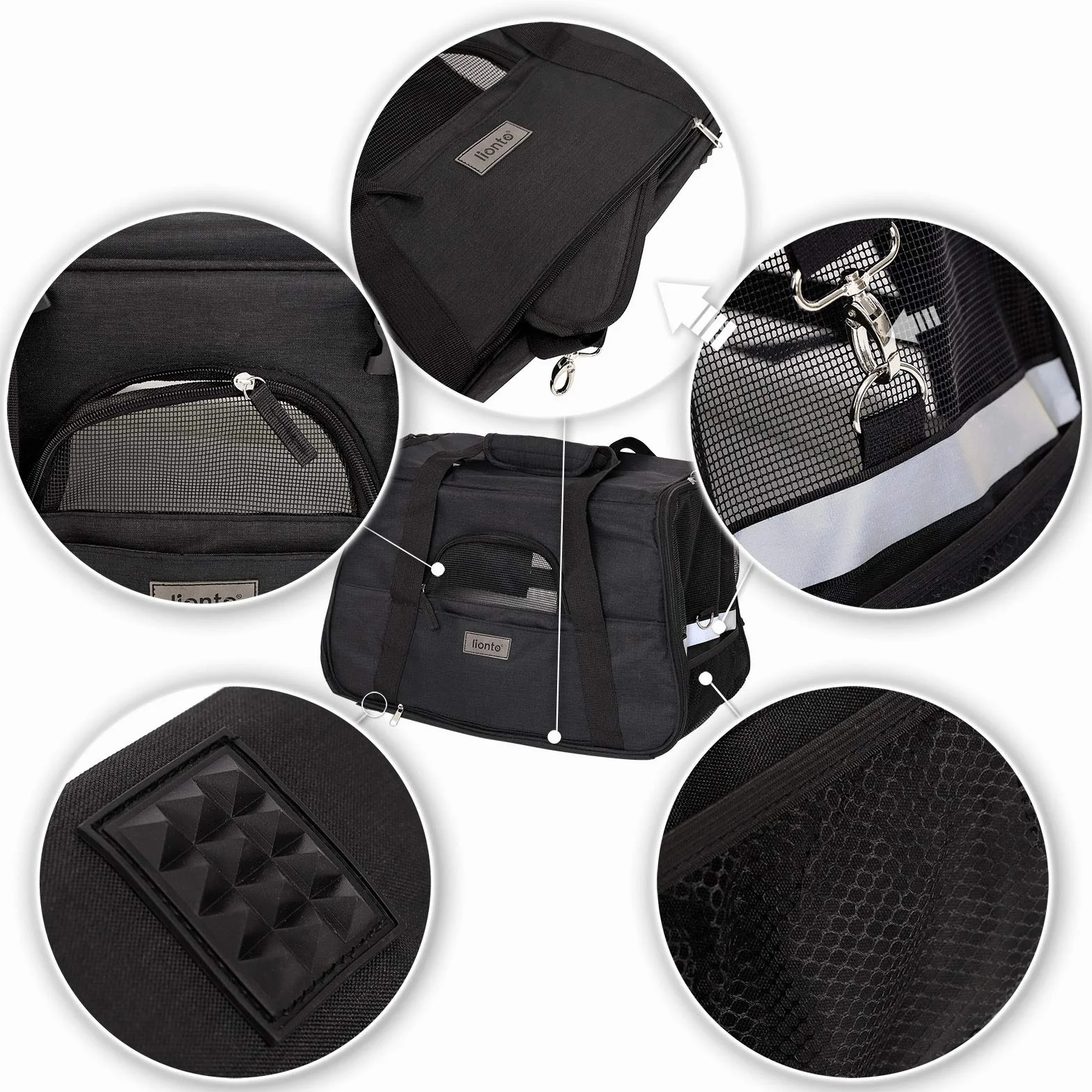 lionto Caisse de Transport Pliable pour Chien avec poignées et bandoulière, 48,5x27x31,5 cm, en Tissu Oxford Robuste et Maille, Caisse pour Chat avec Coussin Doux, idéale pour l’Avion, Noire