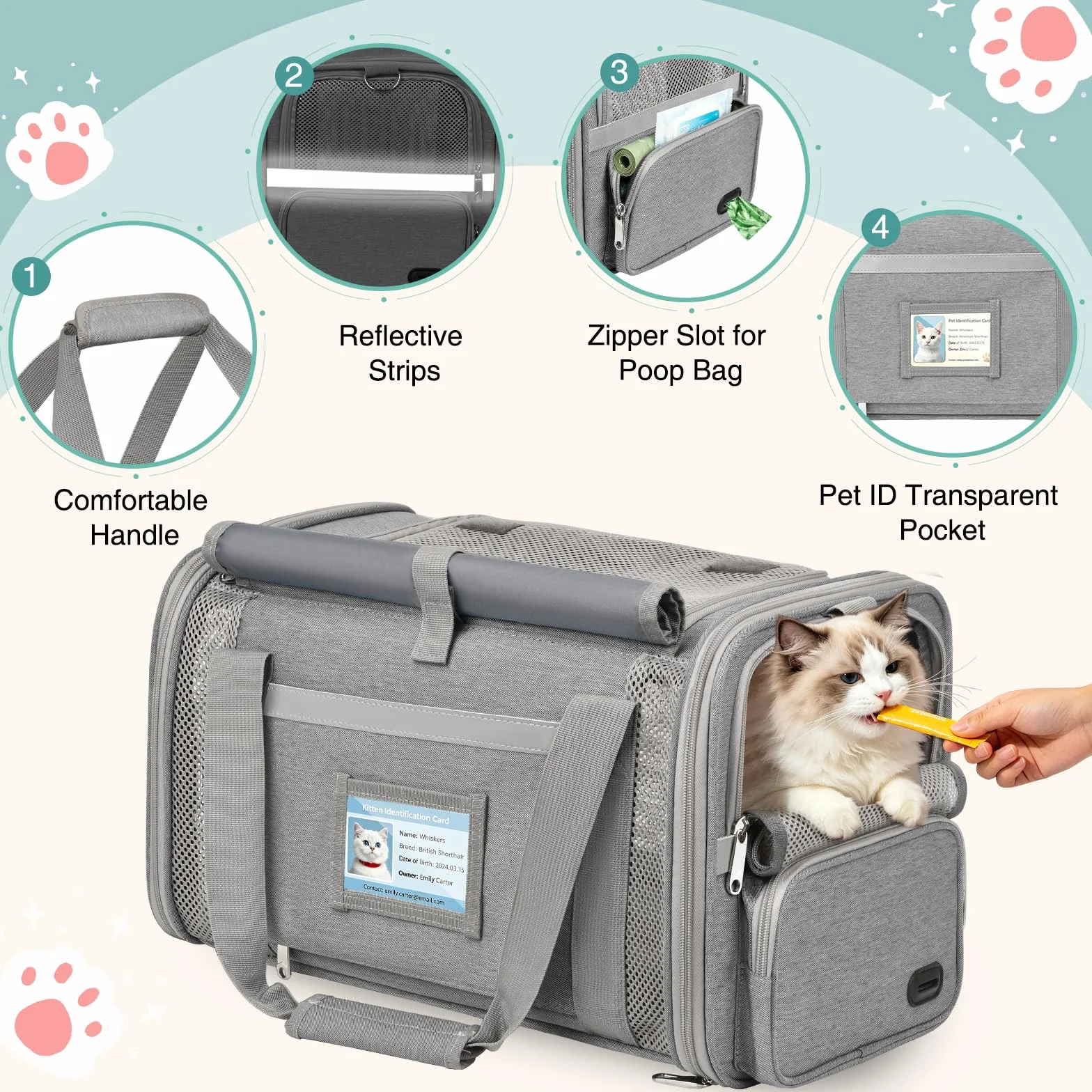 Sac Transport Chat Approuvé Aviation Sac Transport Chien Respirant et Pliable Caisse de Transport Chat avec Bandoulière Réglable Portable Cage Transport Chat avec Tapis Réversible (Gris)