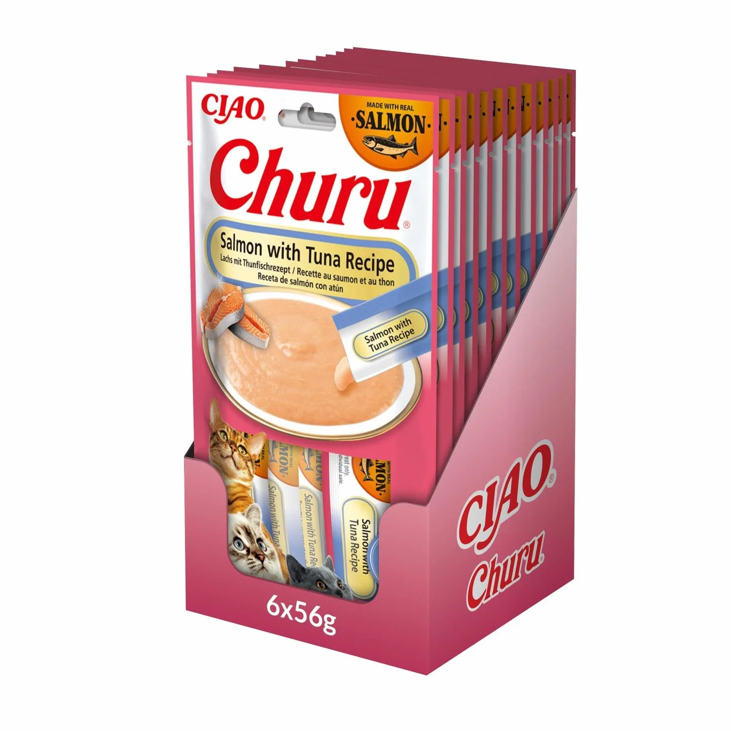 INABA - Snack pour Chat - Saumon & Thon - avec extrait de Thon, Vitamine E et thé de camélia - Texture Douce, Haute teneur en humidité et Plaisir Naturel pour Les Chats