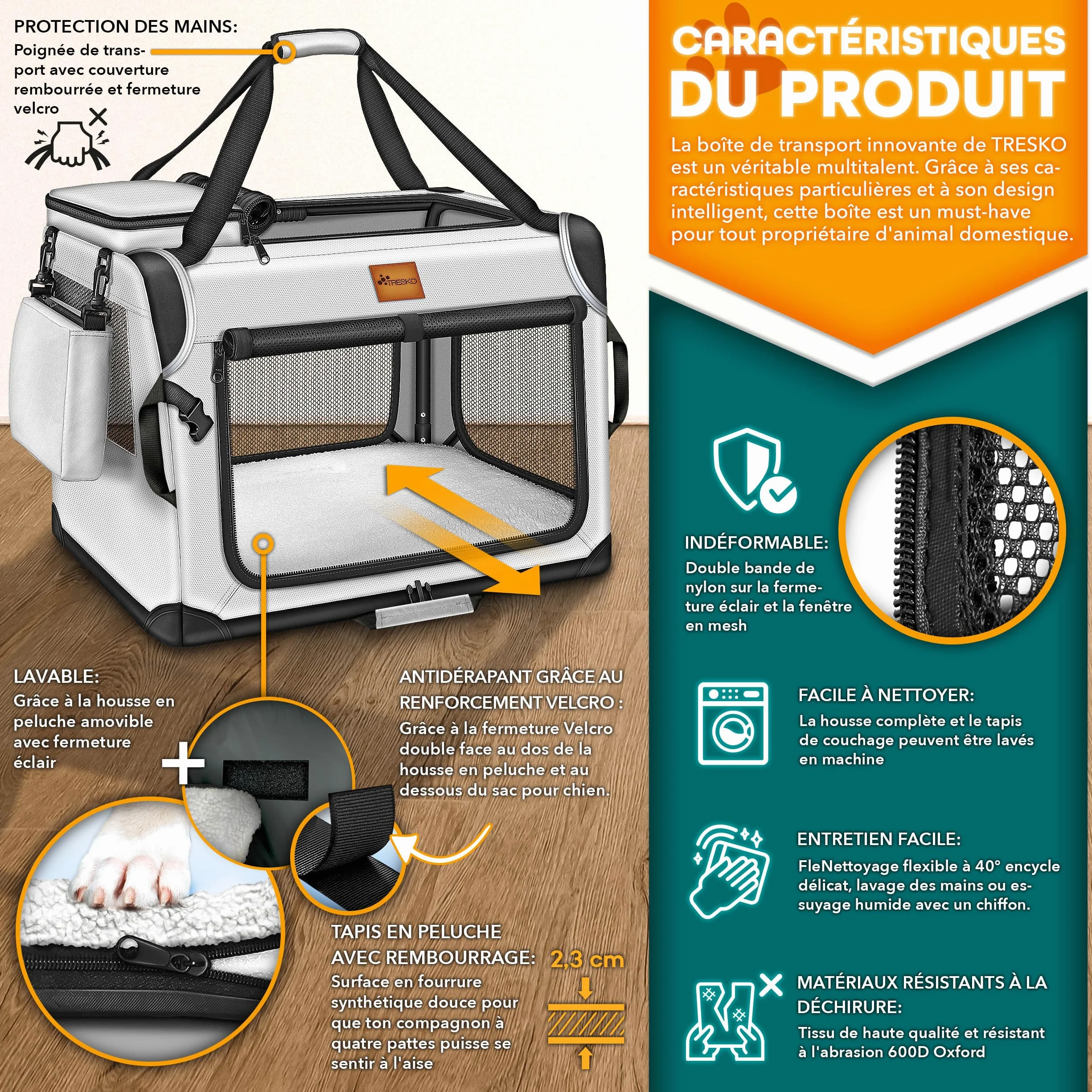TRESKO Caisse de transport pliable pour chiens et chats, taille M, 61 x 42 x 42 cm, gris
