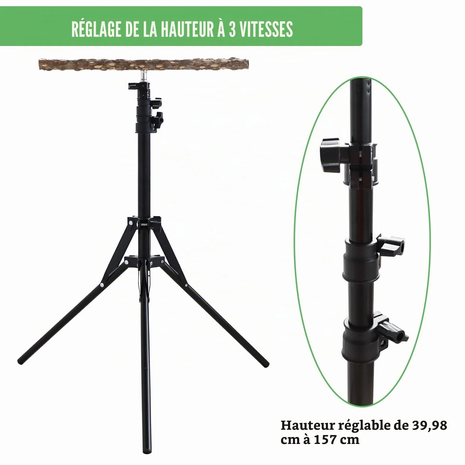 Perchoir en bois de poivre naturel hauteur réglable pour oiseaux petite et moyenne taille intérieur extérieur