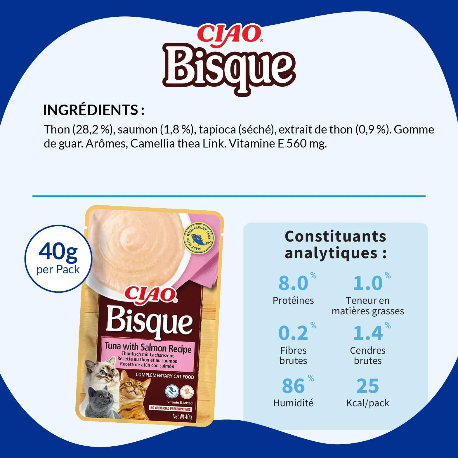 INABA Ciao - Bisque Thon & Saumon - Friandise pour Chat Humide - 1 x 40g - Délicieuse et Saine - Purée - Plat d'accompagnement - Complément Naturel et sans céréales - Pâtée pour Chat
