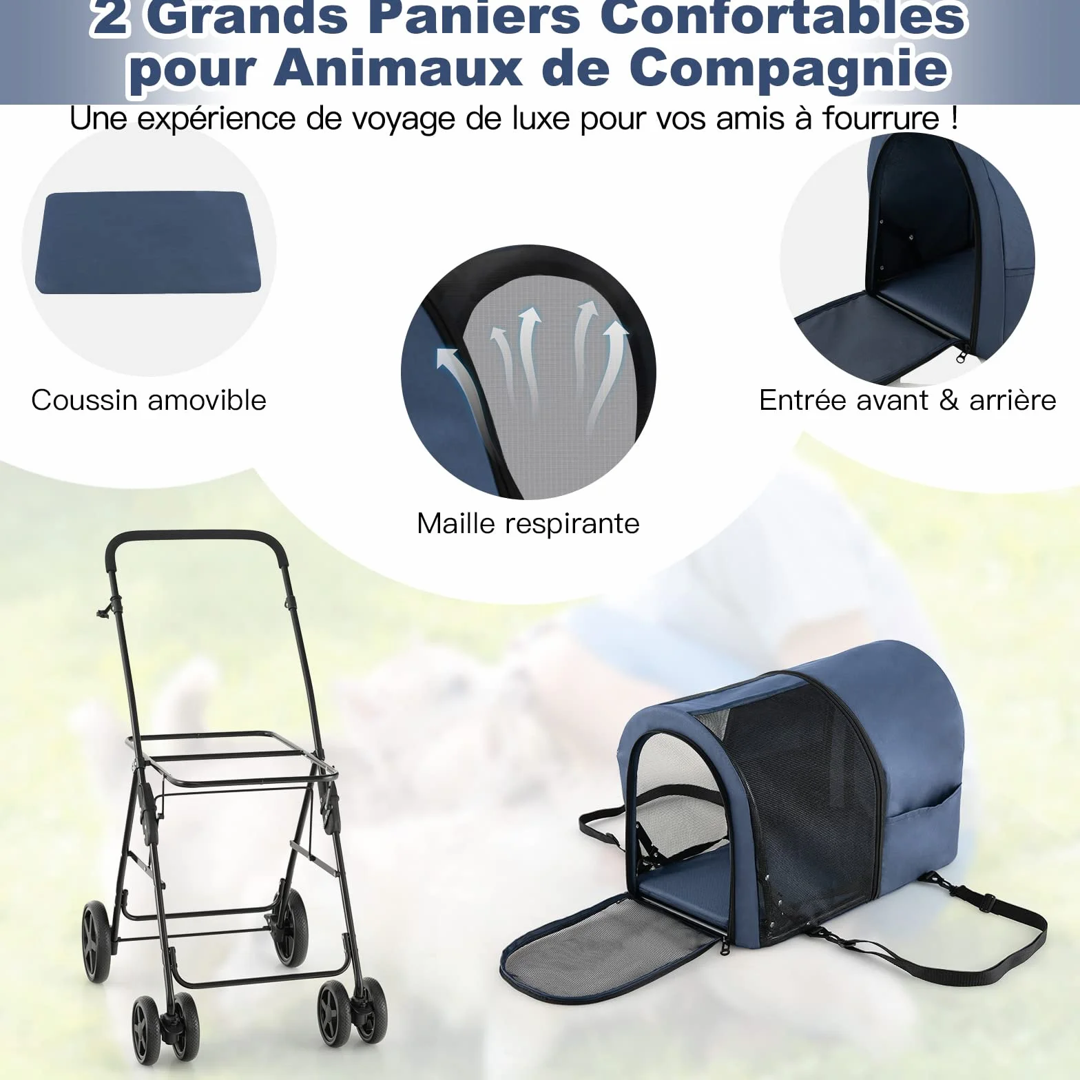 GYMAX Poussette Chien 15 KG Pliable 81×45×101 CM Noir/Beige/Bleu