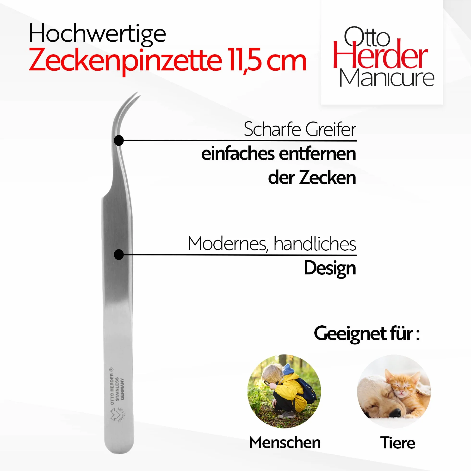 OTTO HERDER Pince à tiques acier inoxydable 11,5 cm pointe incurvée