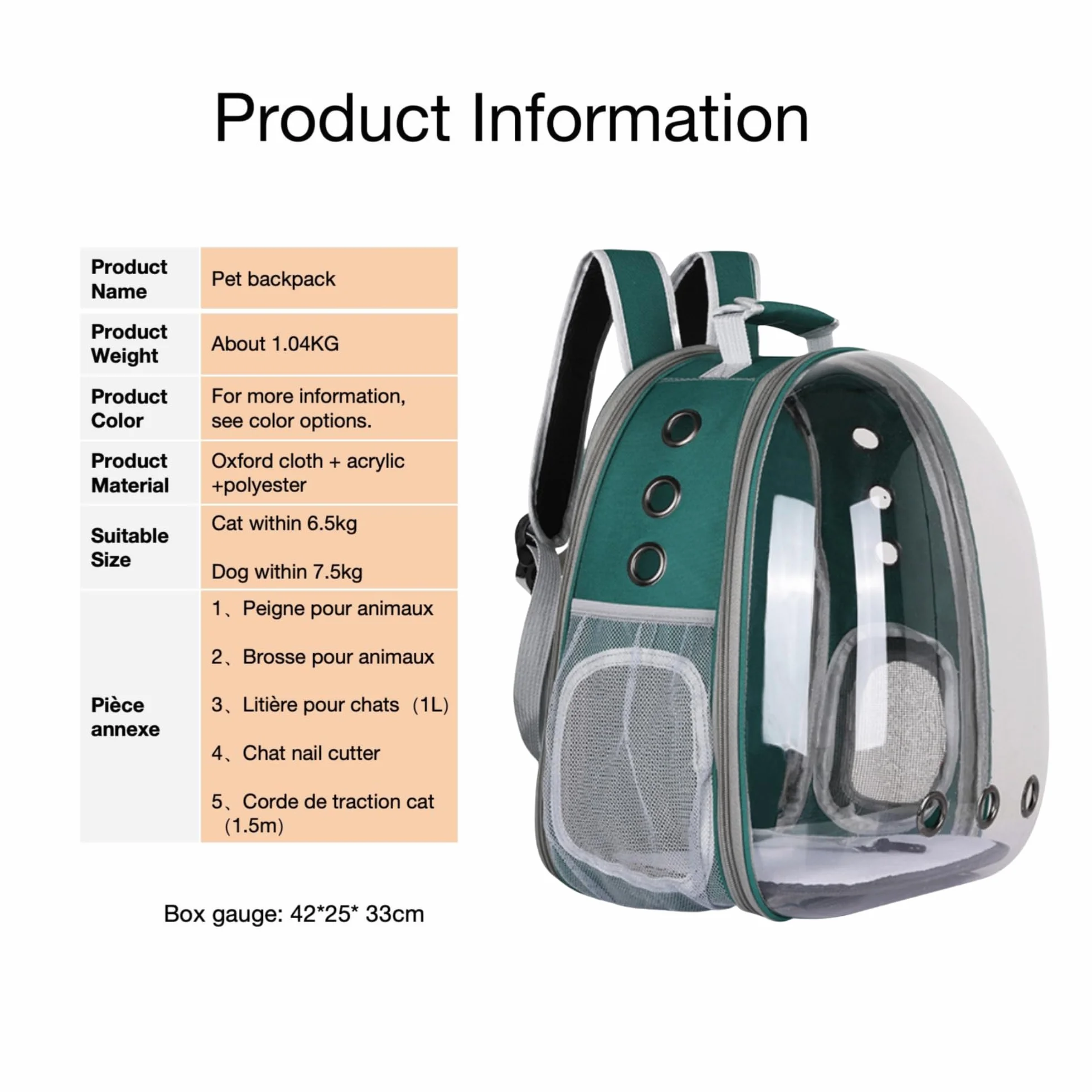 Sac à Dos pour Chat Bulle de YoiQi-Un Sac à Dos pour Animaux de Compagnie en Forme de Cabine Spatiale Transparente-Est Fourni avec 5 Accessoires pour Prendre Soin du Chat (Verte)