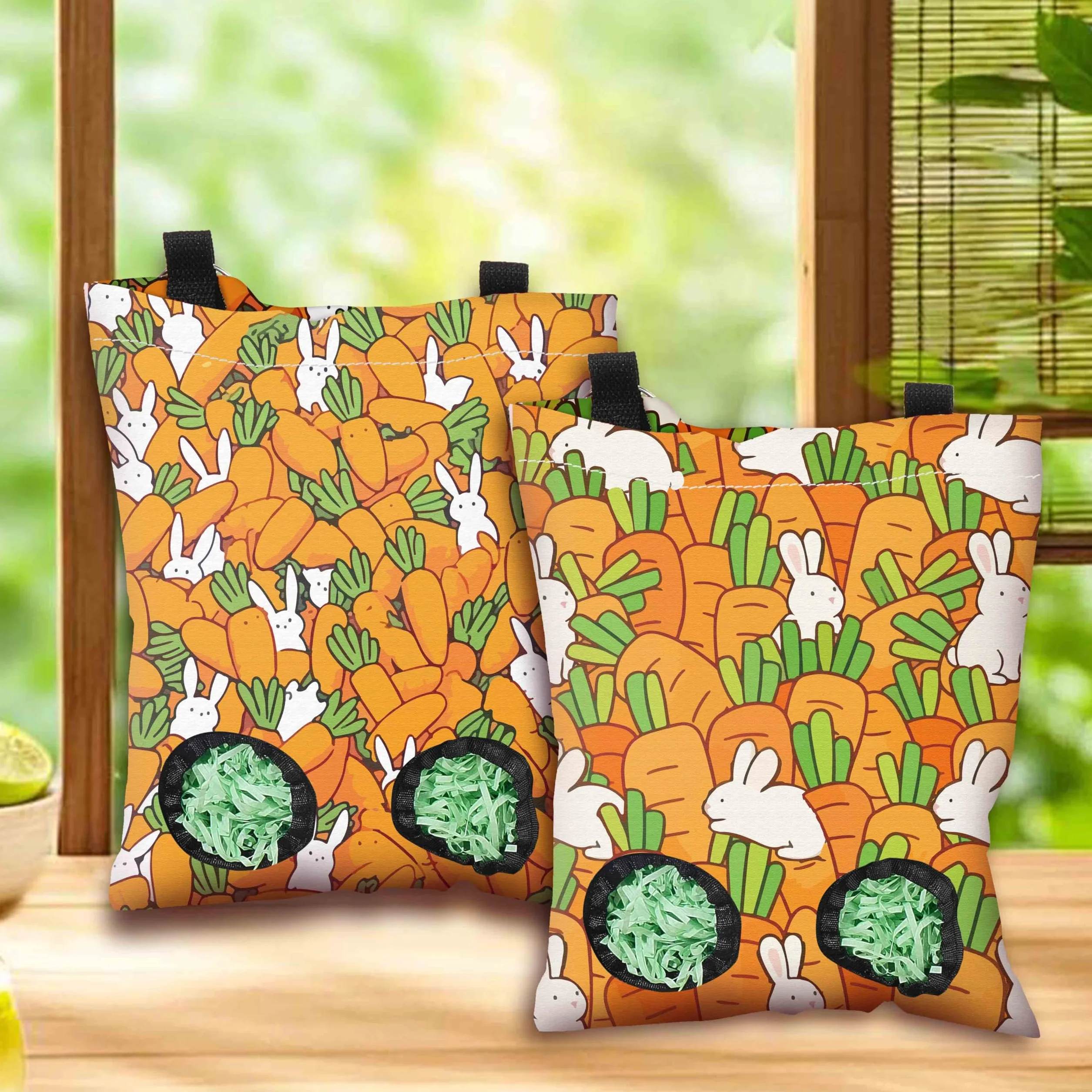 Sac De Foin pour Lapin 2 Pièces 2 Styles Motif Carotte Orange Tissu Lavable Rectangle 12 x 9 Pouces
