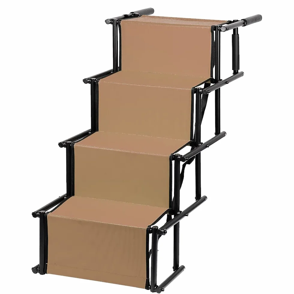 Rampe pour Chiens Charge Jusqu'à 60 kg, Escalier pour Chien Pliable, 5 Marches Escalier Chien Voiture, Réglable Hauteur 56-76 cm(22"-30"), Rampe Chiens pour Voiture, Canapé ou Lit (Marron)