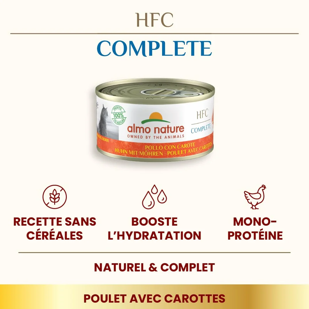 Almo Nature HFC Complete Nourriture Humide pour Chat Adulte Poulet et Carotte 70 g x 24 Boîtes
