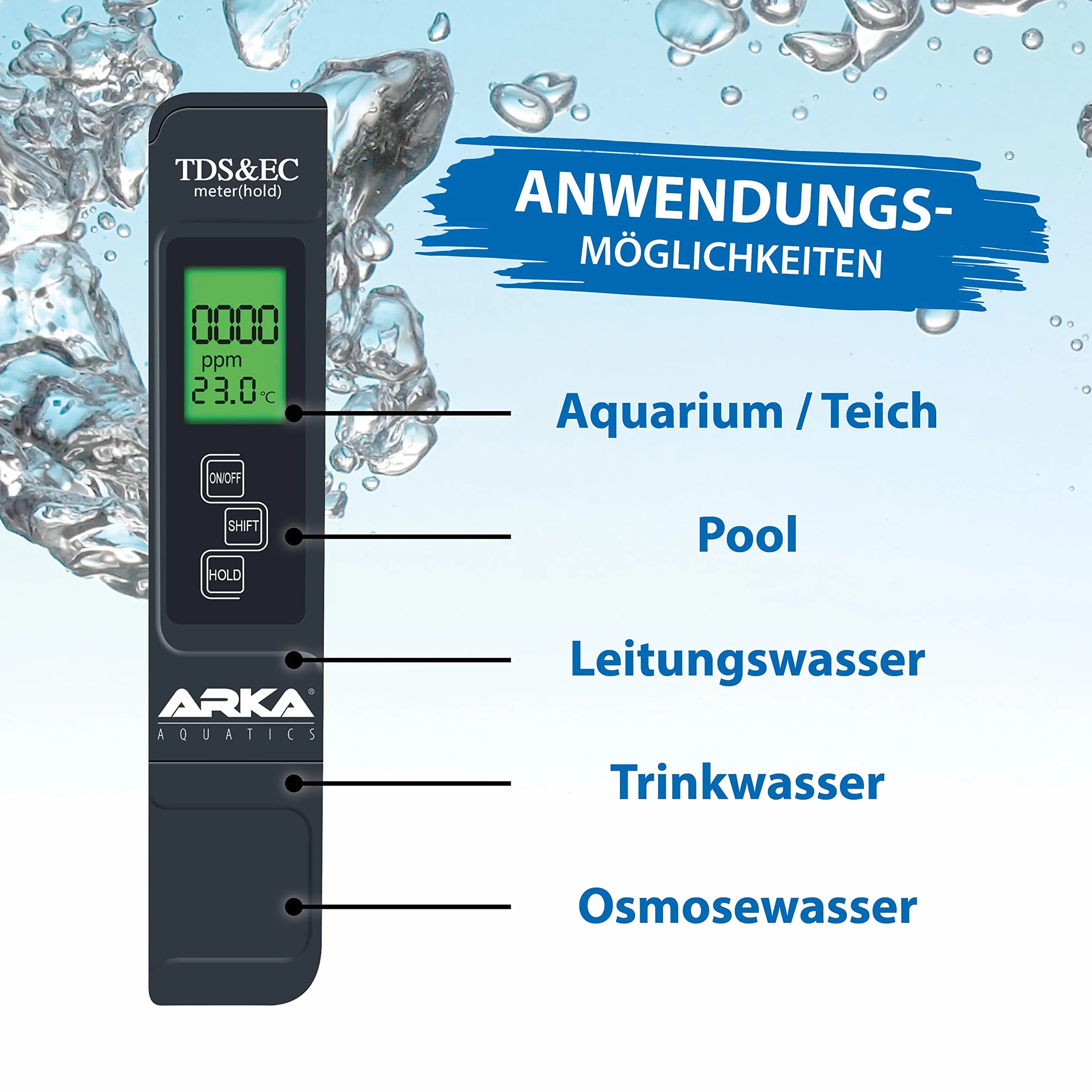 ARKA myAQUA TDS/EC Meter 3in1 - Mesure fiable TDS, EC et température avec solution d'étalonnage