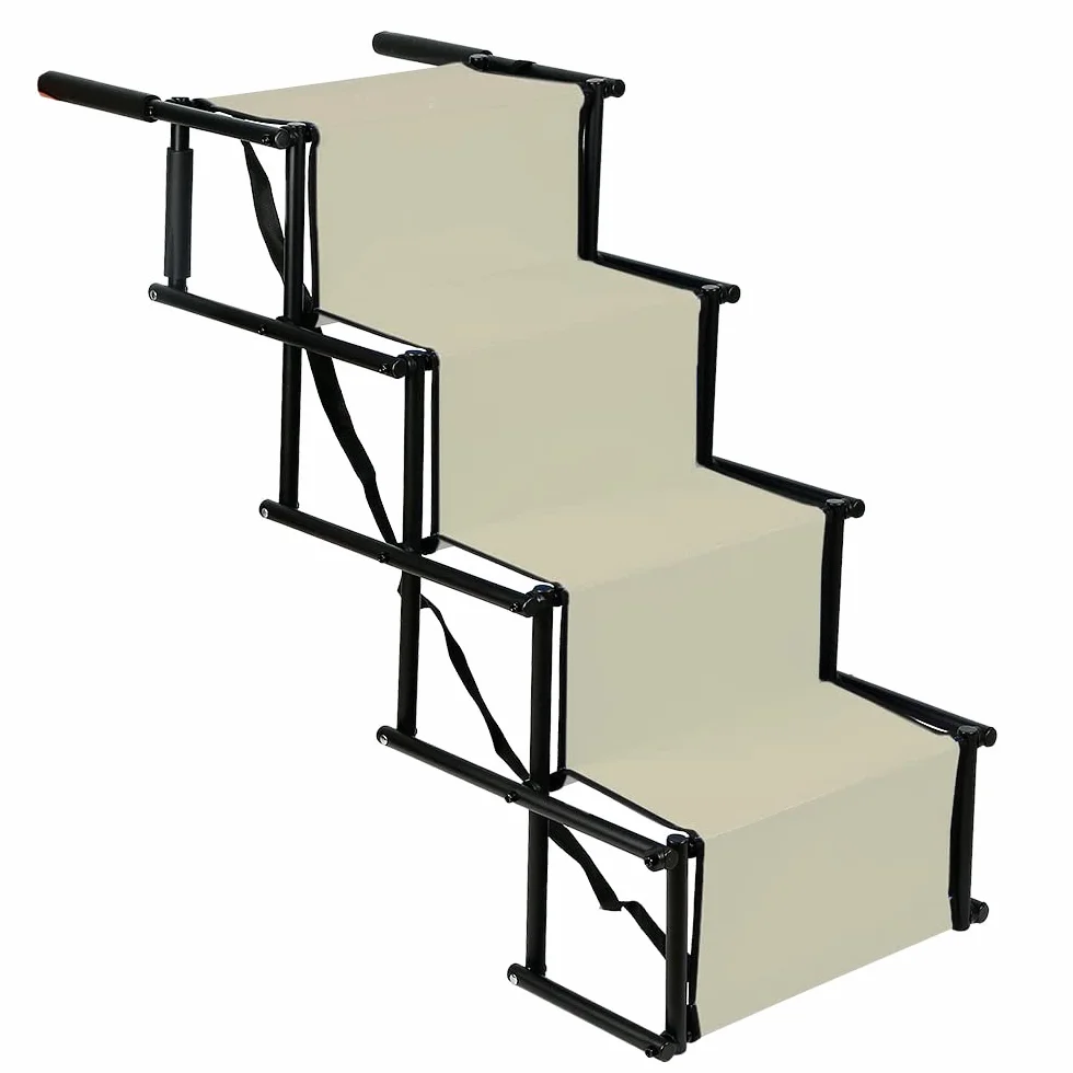 Rampe de Voiture Pliable pour Chien, Escalier à 4 Marches pour Animaux de Compagnie, Utilisable pour Tous Les véhicules, Chargable jusqu'à 75 kg Imperméable Polyester Oxford Métal (Beige)