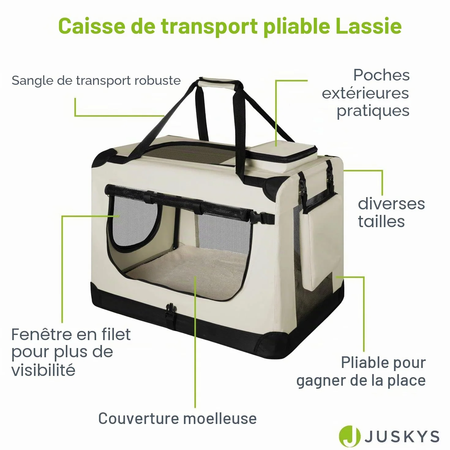 Juskys Caisse de Transport Pliable pour Chiens Lassie XL Beige 58 x 82 x 58 cm Tissu