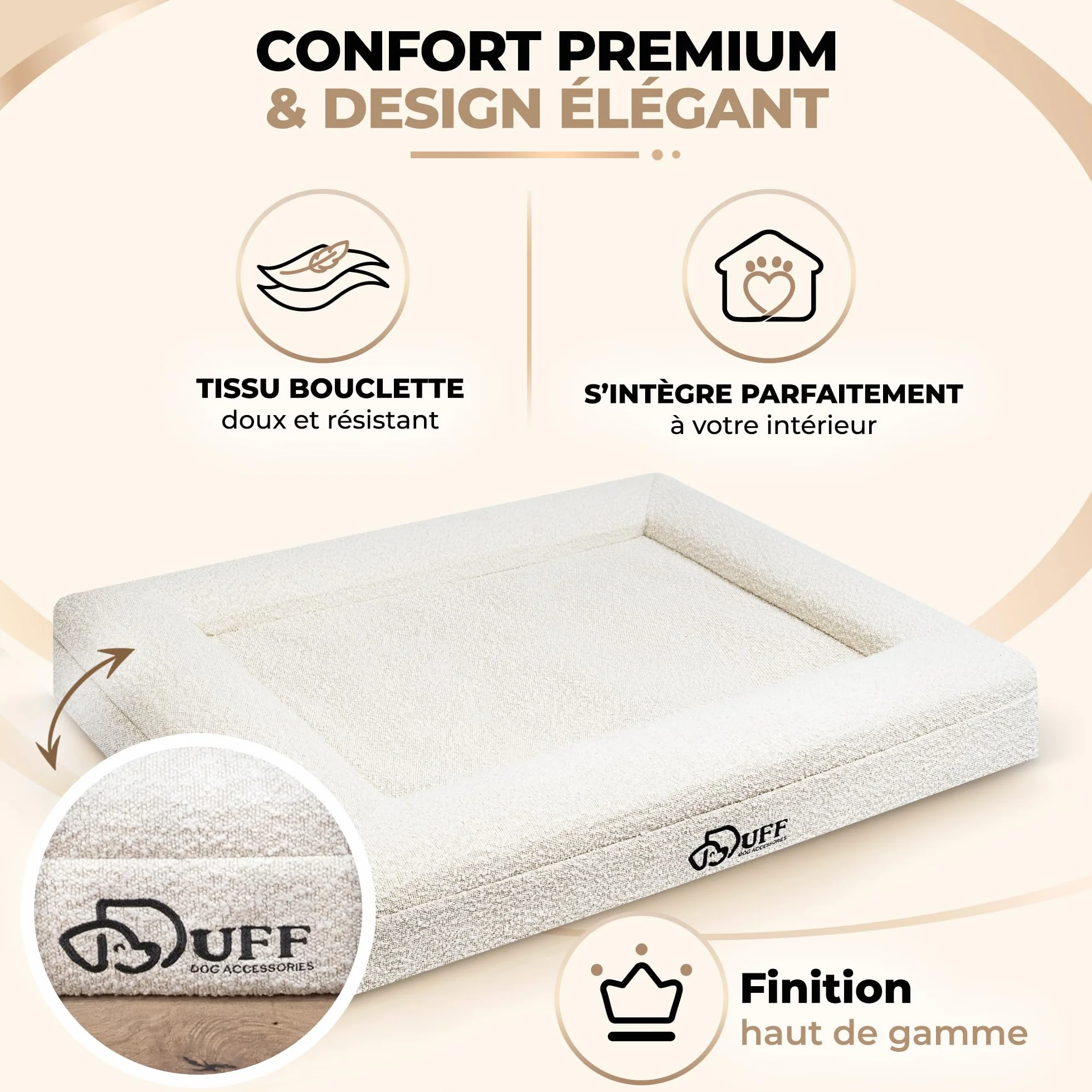 Duff® Lit Orthopédique Chien Grande Taille L (115x90 cm) – Matelas Mémoire de Forme Haute Densité – Tissu Bouclette Premium, Housse Lavable – Confort Durable & Élégant