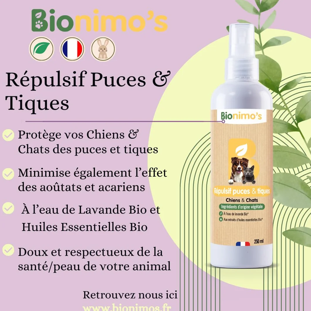 Spray Répulsif anti-Puces & Tiques Chiens & Chats Huiles Essentielles Bio 100% Français