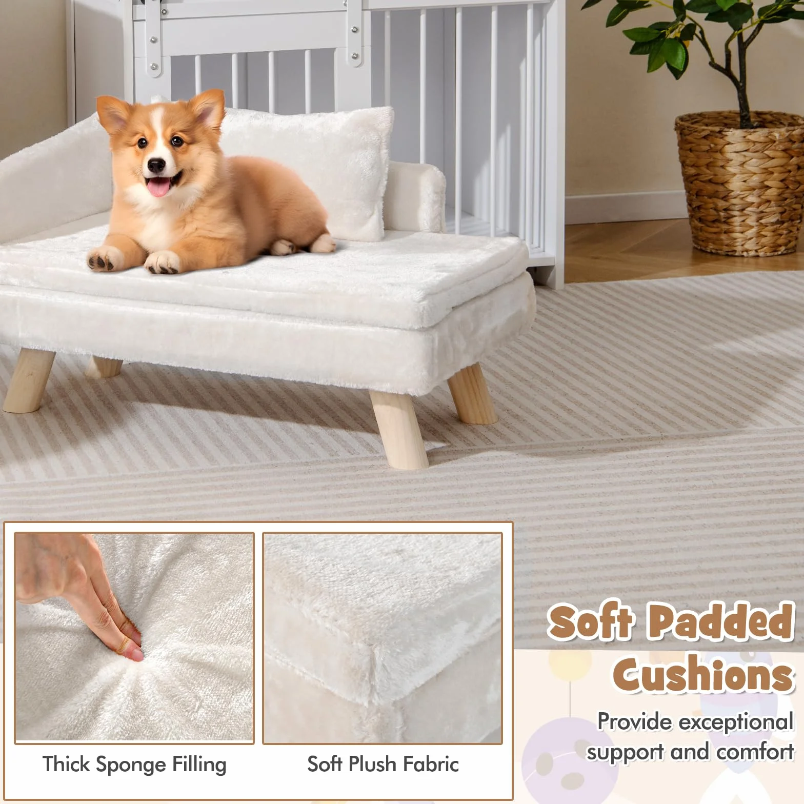 SOARS Canapé pour Chien Chat, Lit Surélevé avec Dossier Haut, Coussin et Pieds en Bois Massif, 71 x 43 x 40 cm, Beige