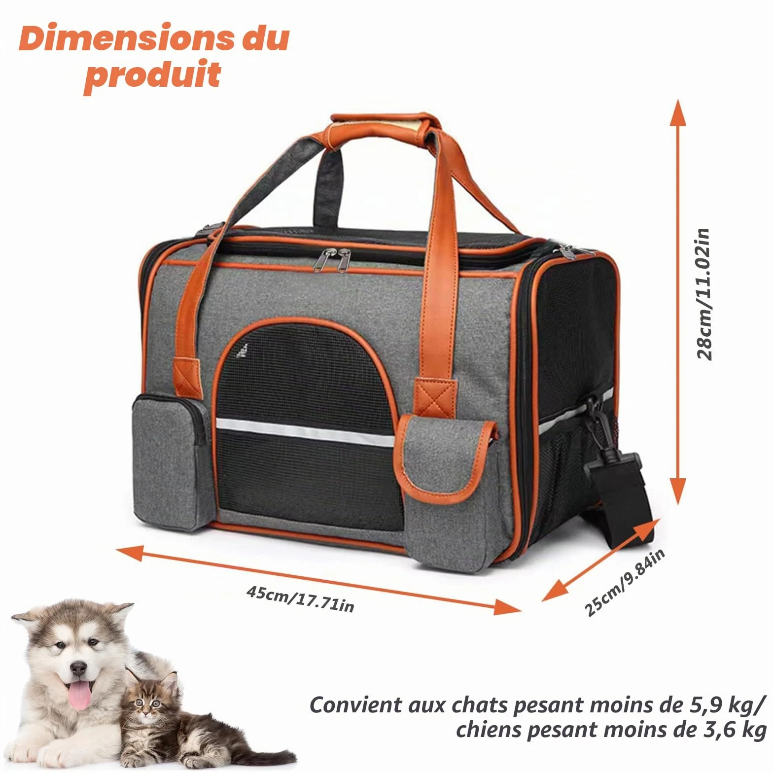 Sac de Transport pour Chat 45x28x25cm Sac à Dos Portable pour Chiens Voyage avec Tapis en Flanelle Gris