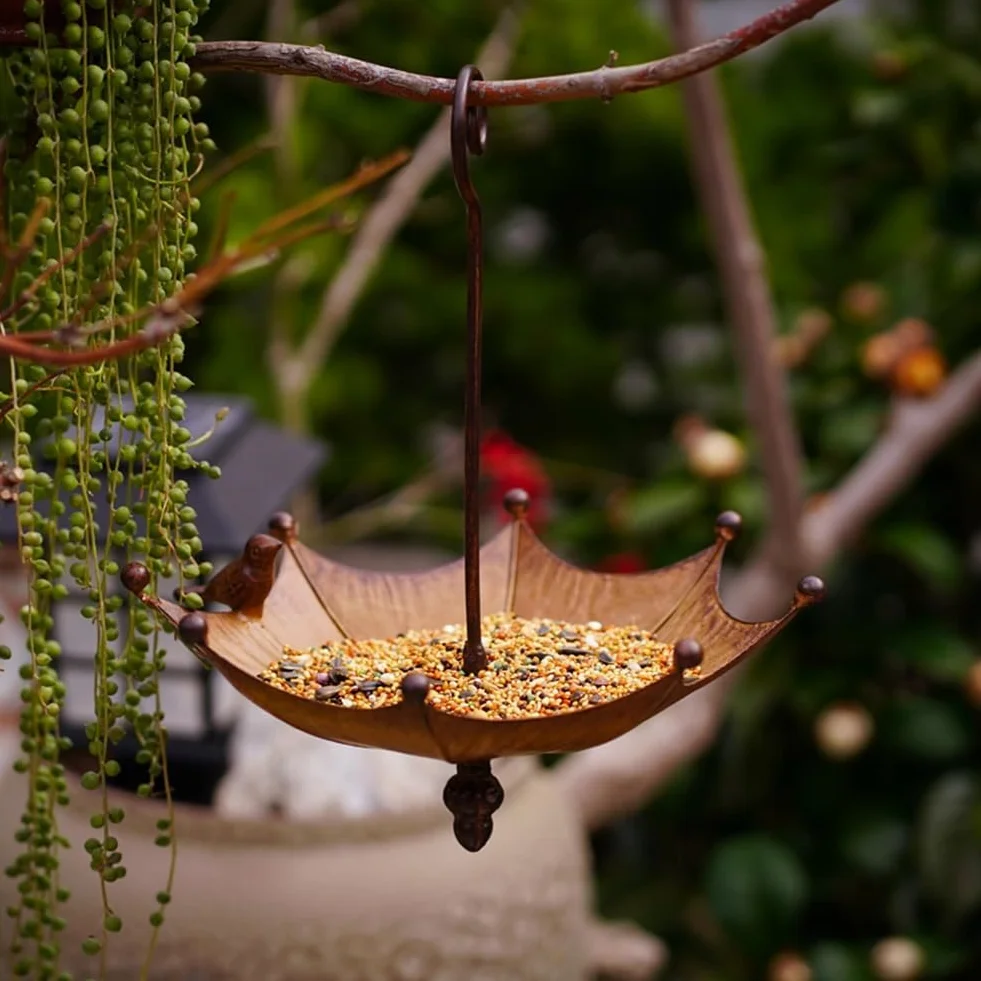 Mangeoire à Oiseaux en Métal Suspendue Parapluie pour Extérieur