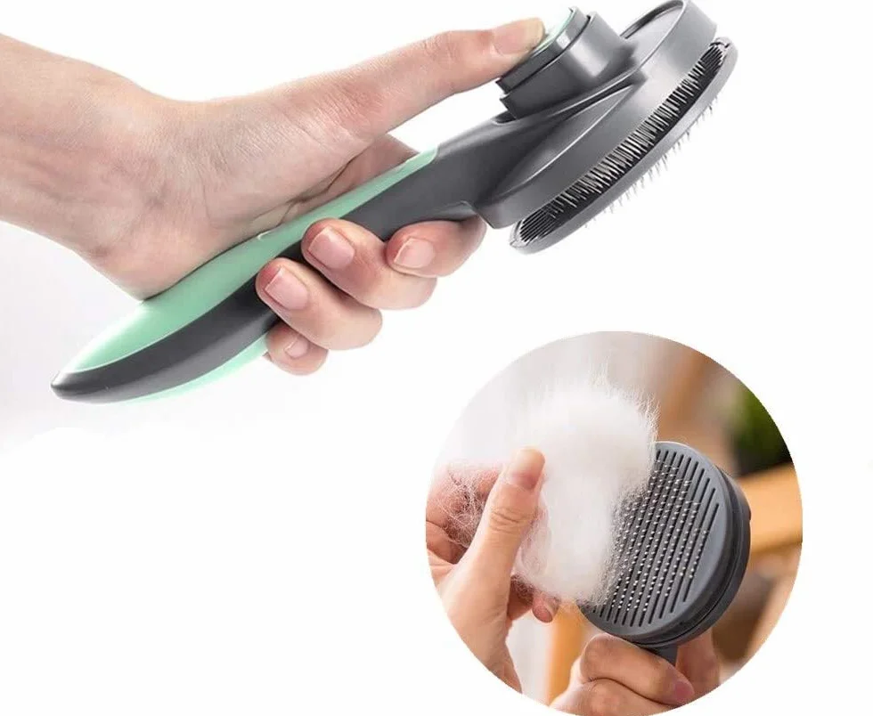 Brosse autonettoyante pour chat et chien PAKEWAY, bouton de déverrouillage, adaptée chatons animaux poils courts moyens longs vert