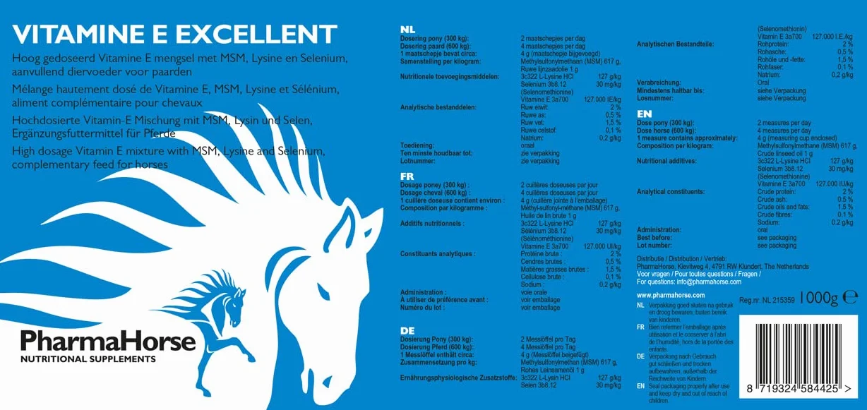 PharmaHorse Vitamine E Excellent | Supplément Alimentaire Cheval | Prévient Les courbatures | Soutien Musculaire Cheval | avec Sélénium | sans dopage & sans sucres ajoutés | 1000 Grammes
