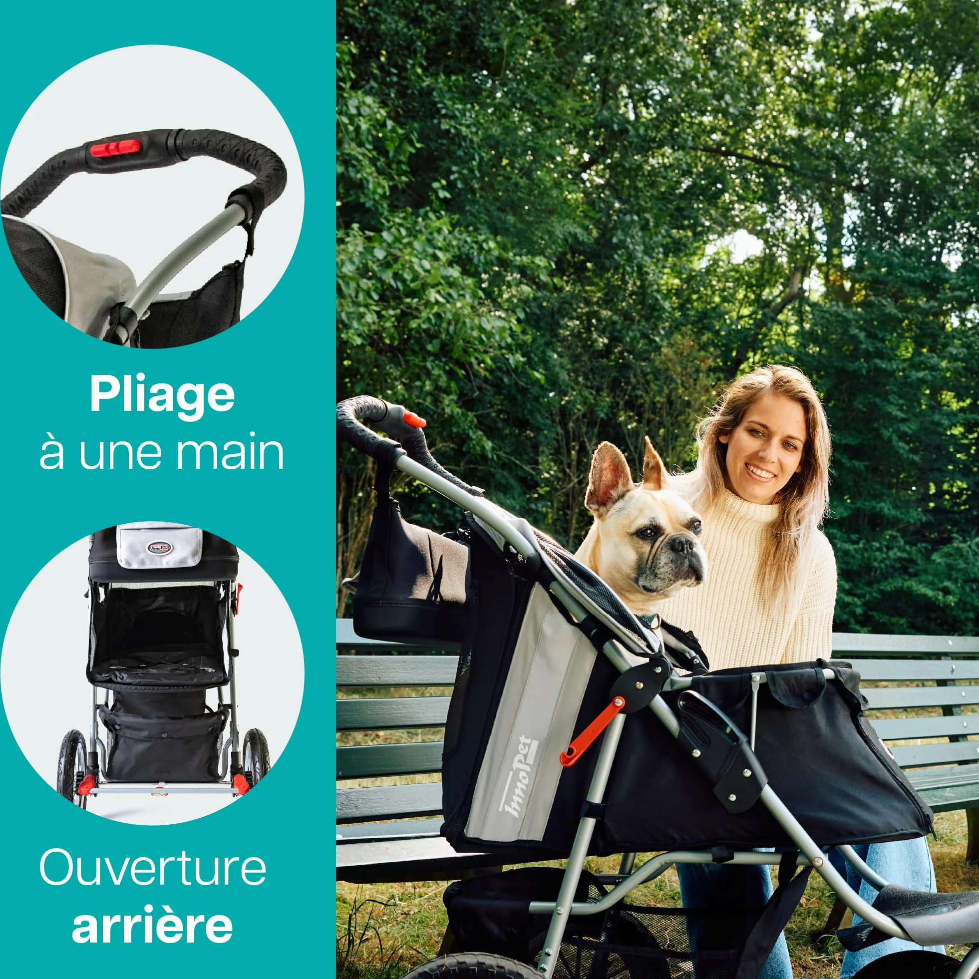 Poussette Innopet Comfort Air Eco pour chiens et chats, noir/argent - 12 pouces pneus pneumatiques - Pliable une main - Organiseur - Tissu nylon recyclé