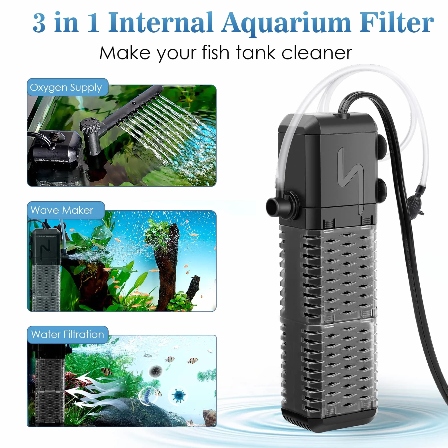 AQQA Filtre Aquarium Réglable 800L/H Pompe Aquarium Intérieur Ultra-Silencieux 9W