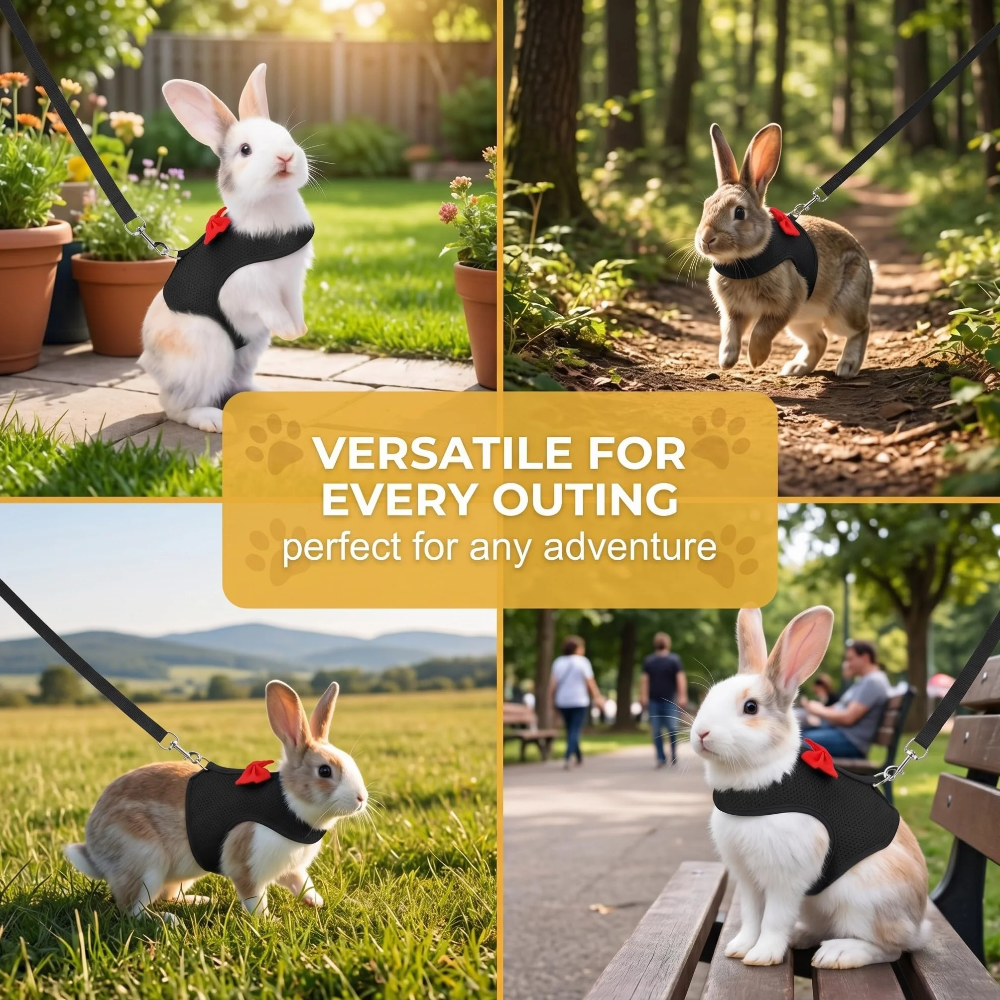 Harnais Lapin avec Laisse Réglable et Respirant - Accessoires pour Lapin Nain et Petits Animaux, Confortable et Sécurisé pour Promenade, Noir, Taille S