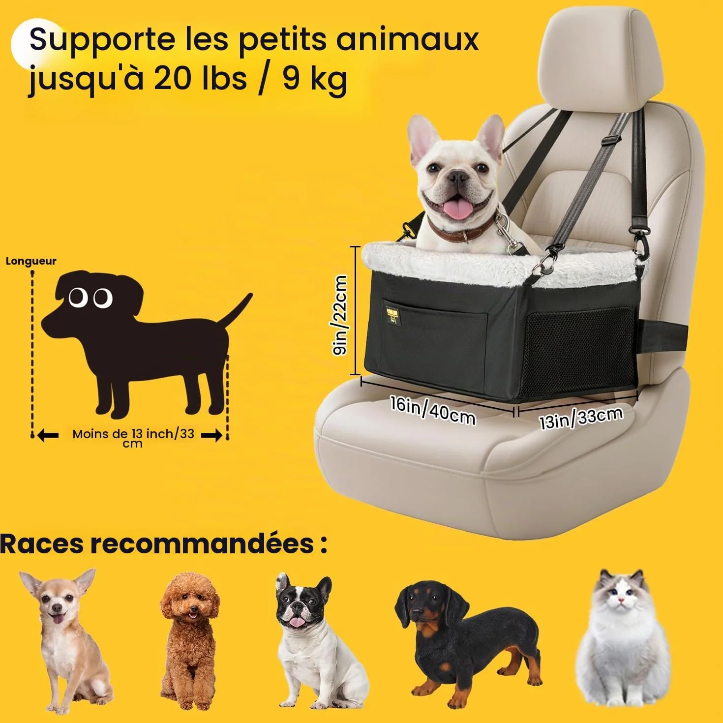 Conlun Siège Auto pour Chien de Petite Taille et Chat, Panier Chien Voiture avec Structure en Acier Renforcé, Transport Chien Voiture Imperméable avec Laisse de Sécurité, Jusqu'à 9 kg (40x33x22 cm)