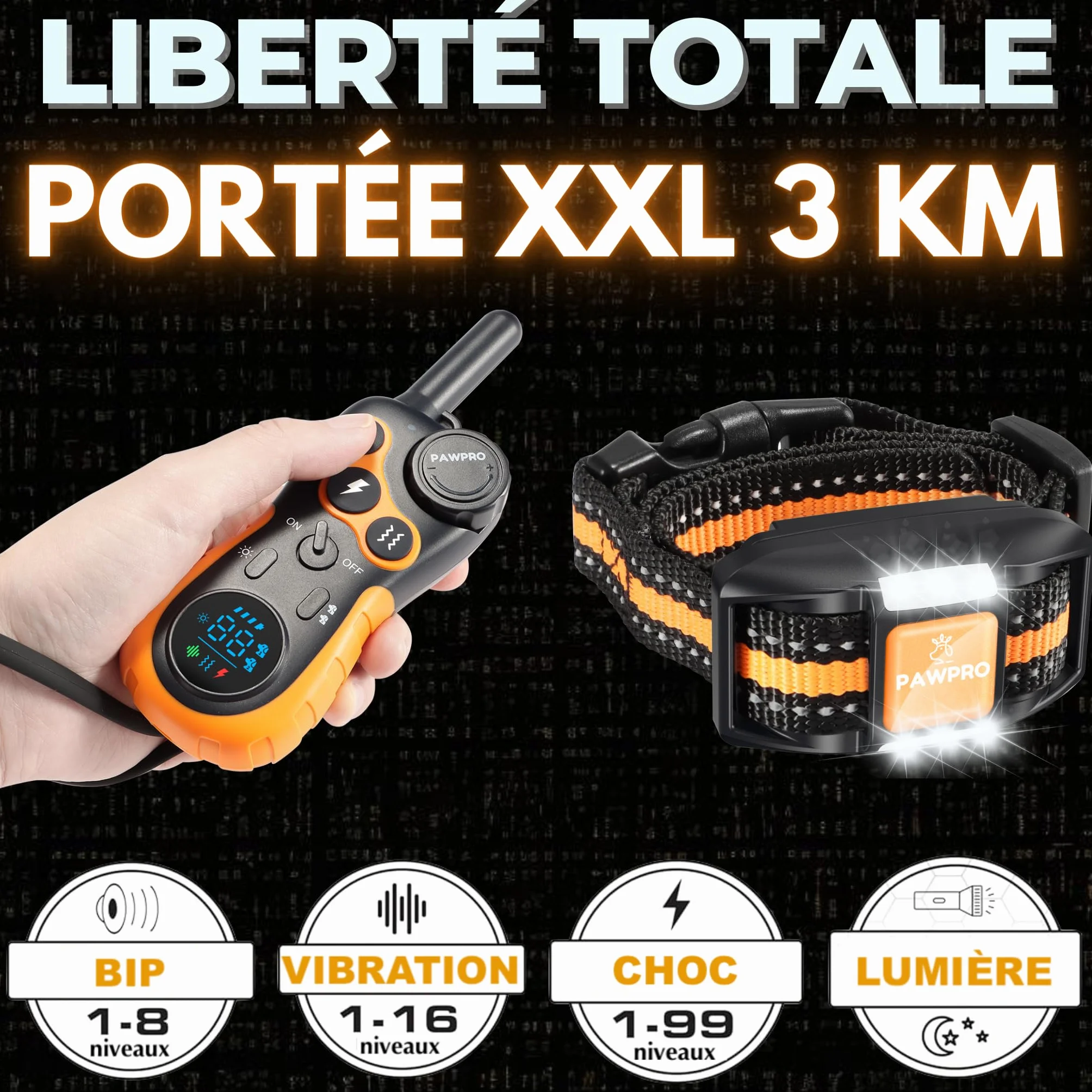 Collier de Dressage PAWPRO, Portée 3km, Mode Lumière Nocturne, 124 Niveaux, BIP Vibration Choc, Étanche Rechargeable