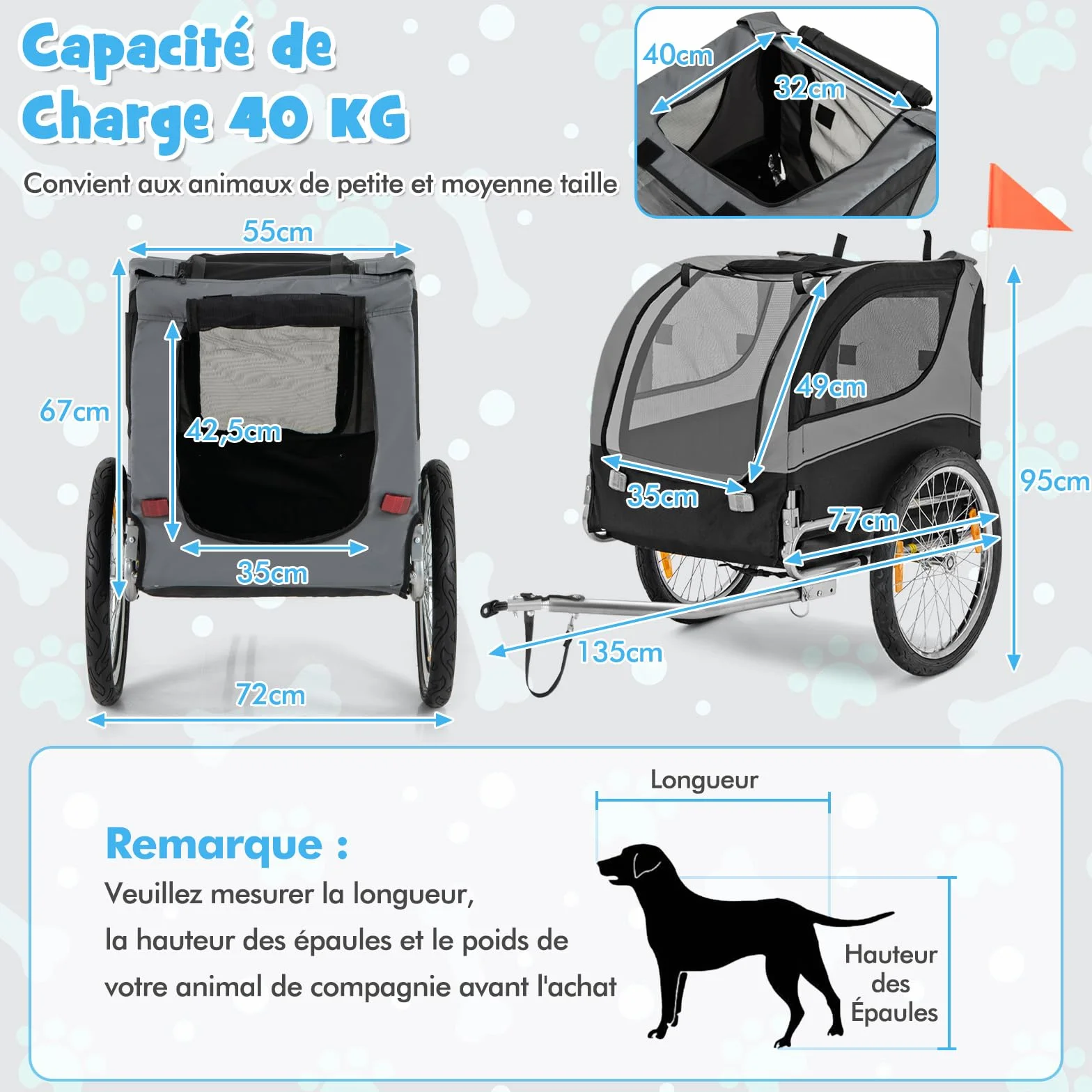 GOPLUS Remorque de Vélo pour Chien, Chariot Pliable, Charge Max. 40 kg, Gris