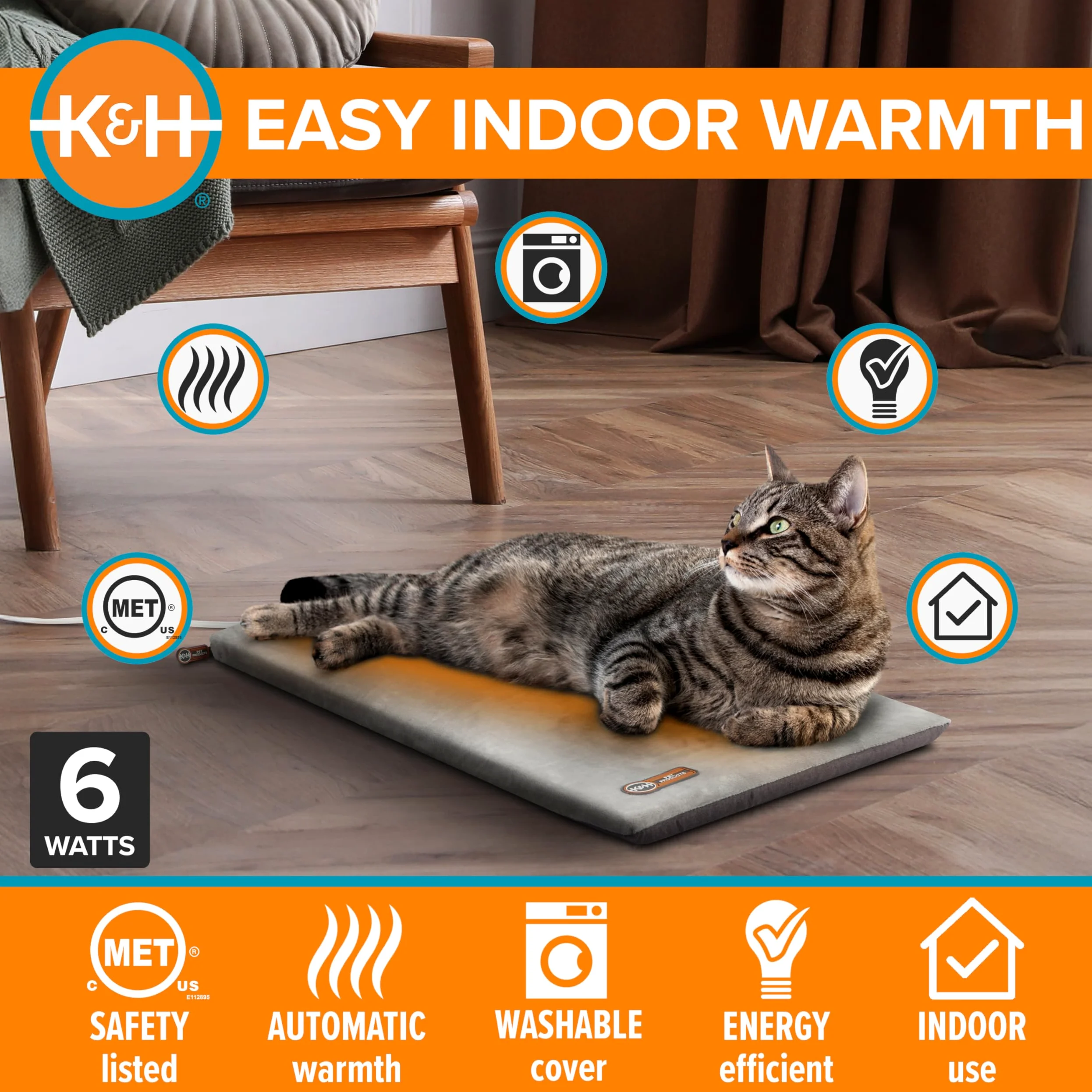 K&H Pet Products Tapis Chauffant pour Chat d'intérieur – Tapis Chauffant apaisant et Chaud pour Animaux de Compagnie – Lavable en Machine – Chauffage imperméable – Sécurité listée – 31,5 x 63,5 cm –