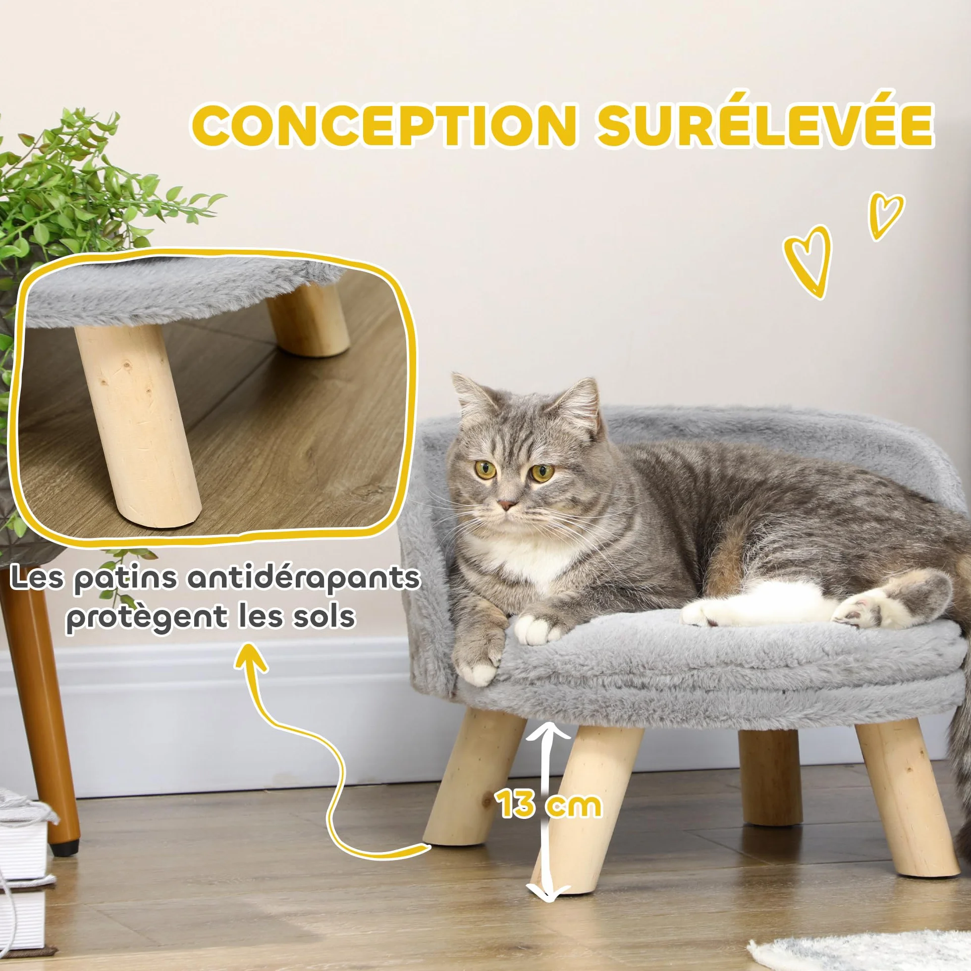 PawHut Canapé lit Panier pour Chien Design scandinave Coussin Moelleux Amovible Pieds en Bois 40,5 x 33H cm Gris