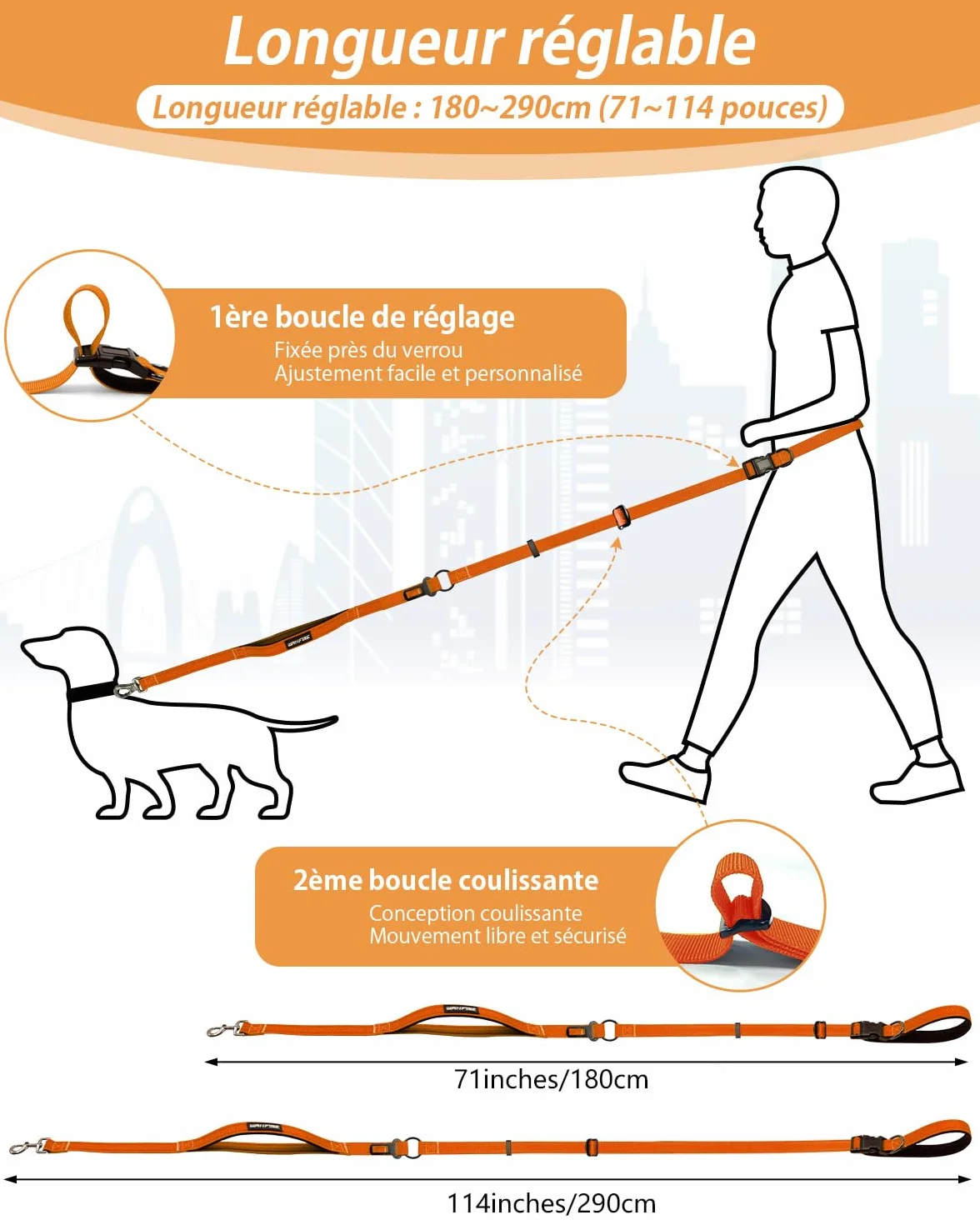 Harnais de Marche Main Libre pour Chien - Laisse Multifonctionnelle Renforcée 2.9m Réglable, Orange