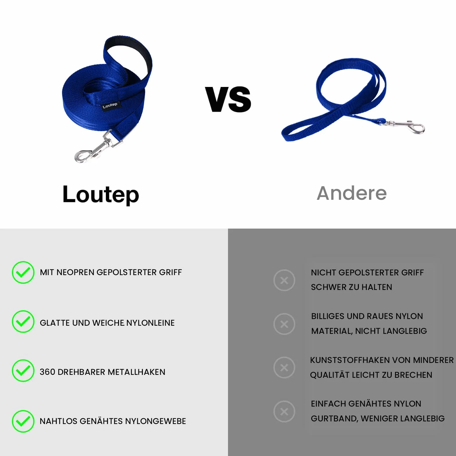Laisse pour chien ski de fond imperméable légère 30 m bleu