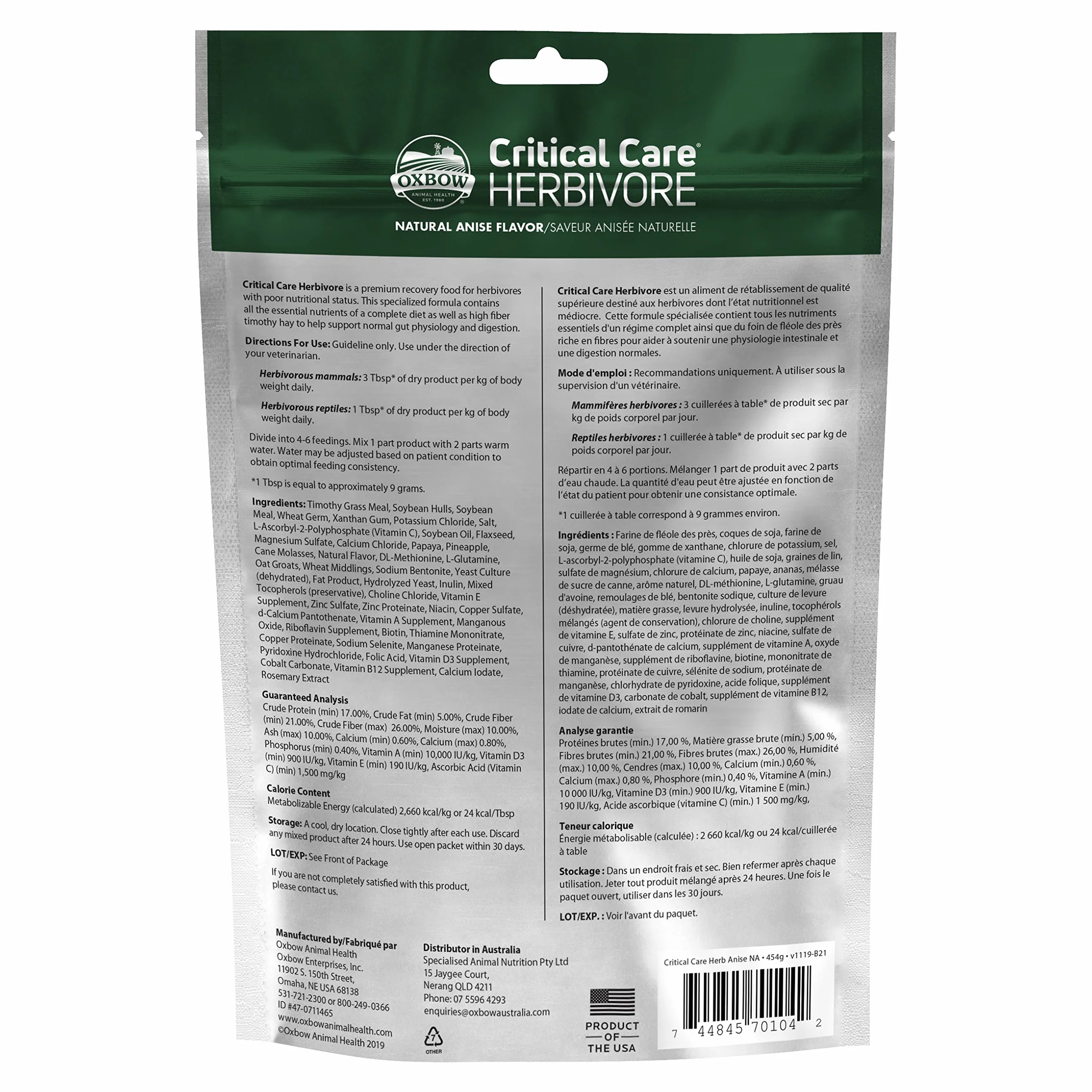 Oxbow Animal Health Critical Care, Herbivore, saveur anis, Sac de 454 g