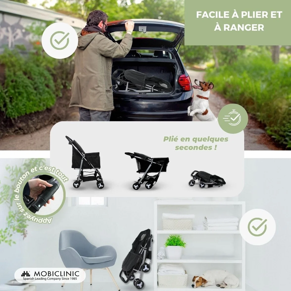 Mobiclinic Poussette Buggy Pliable Chien Zuma Jusqu'à 15 kg Roues Freins 360° Panier XXL Noir
