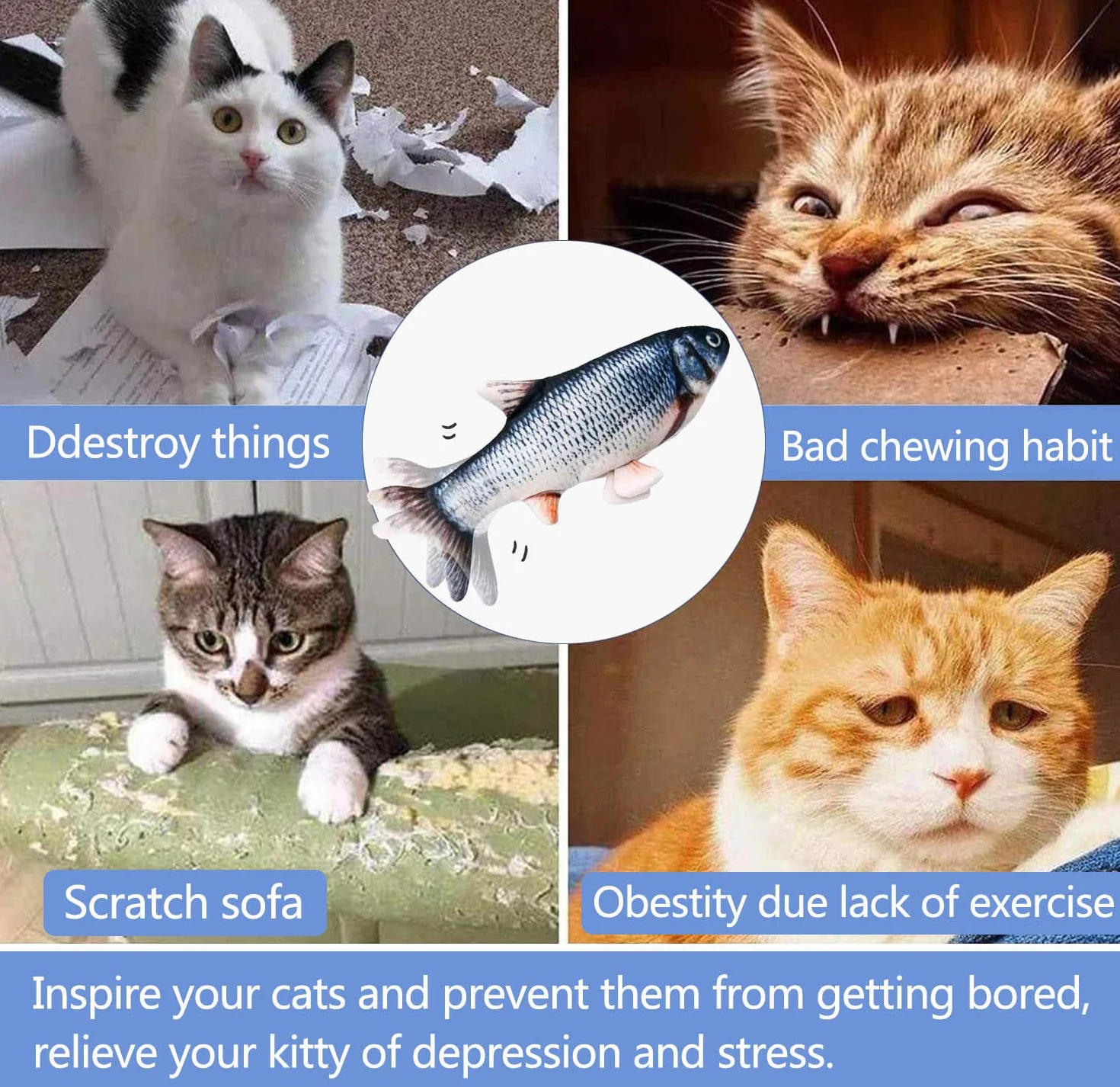 Cataire Jouet Poisson Interactif pour Chats 30 cm Rechargeable