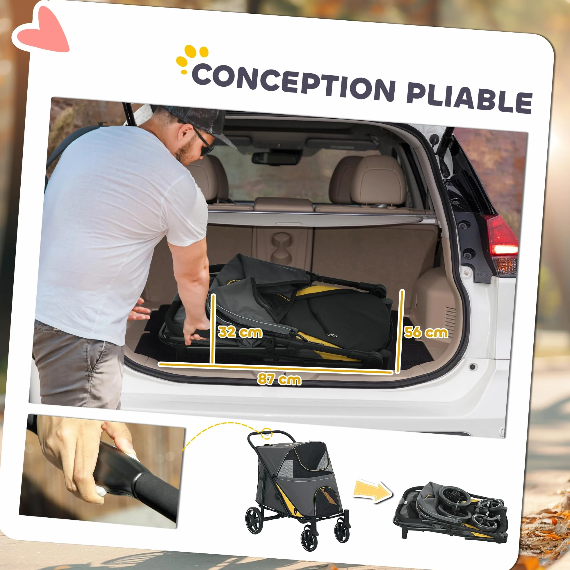 PawHut Poussette pour chien 4 roues EVA pliage un clic laisse sécurité charge 30 kg gris foncé