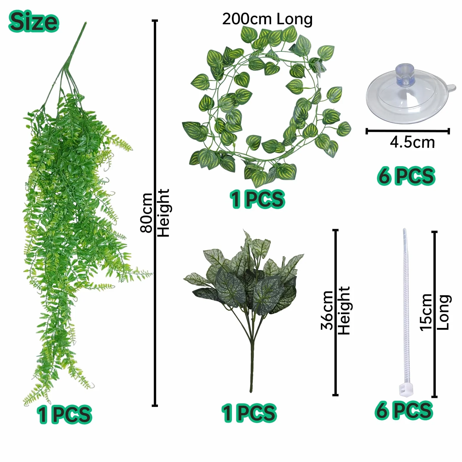 4-en-1 Plantes Suspendues et Hamac pour Reptiles – Ensemble de Décoration de Terrarium pour Reptiles avec Lianes Flexibles & Ventouses – Idéal pour Lézard, Caméléon, Gecko, Tortue (Vert)