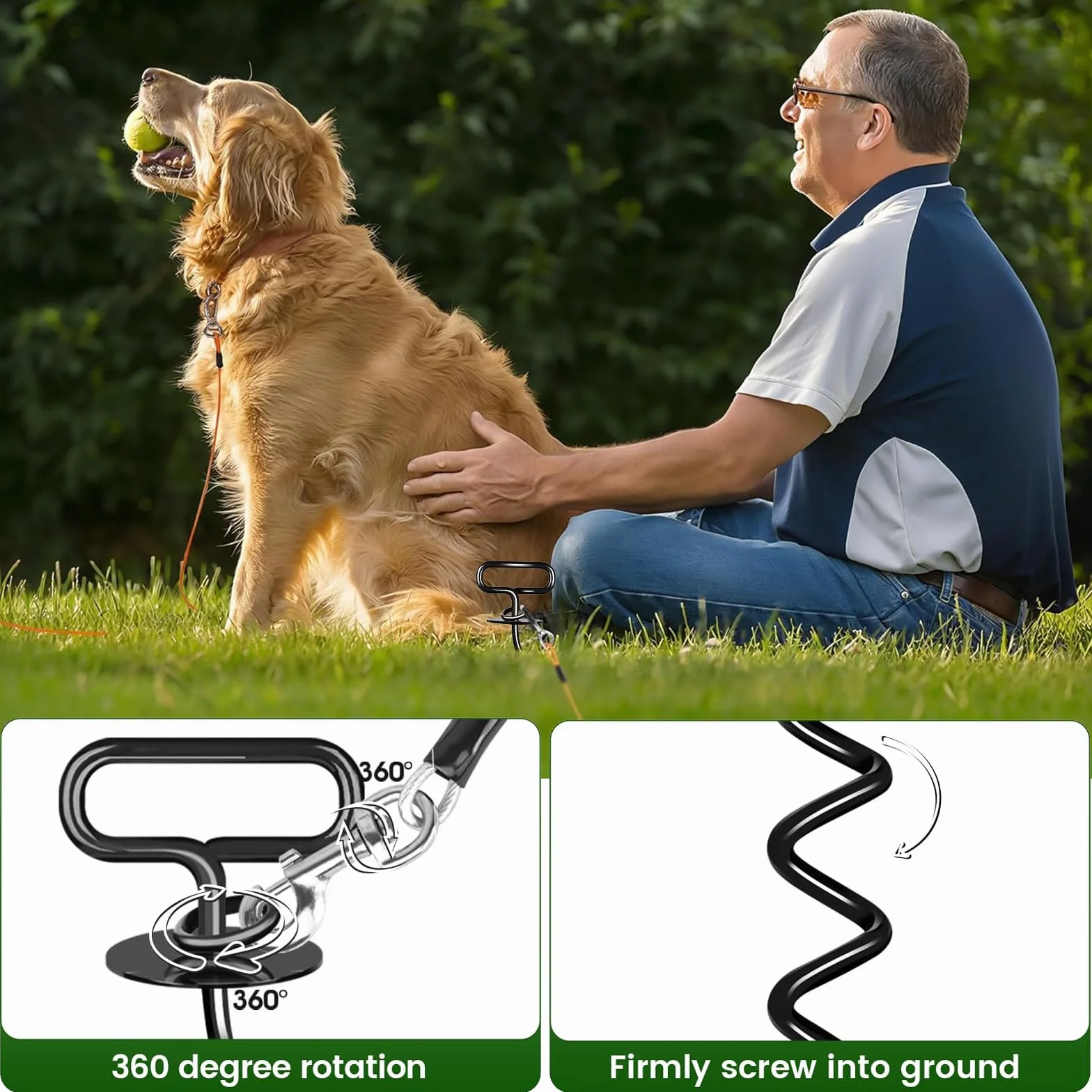 Ancrage pour Chien Spirale Trapézoïdale Piquet 360° Rotation Anti-enchevêtrement Noir