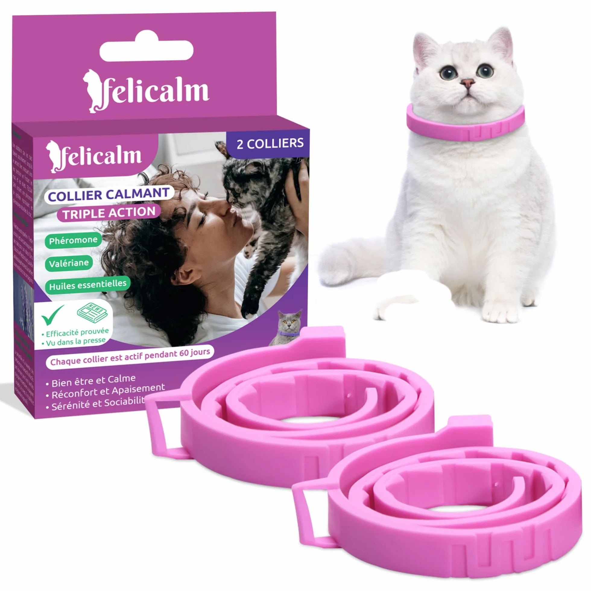 Félicalm Paris Colliers Anti-Stress Chat Chaton 2 Pièces 60 Jours Valériane Phéromone Camomille Lavande