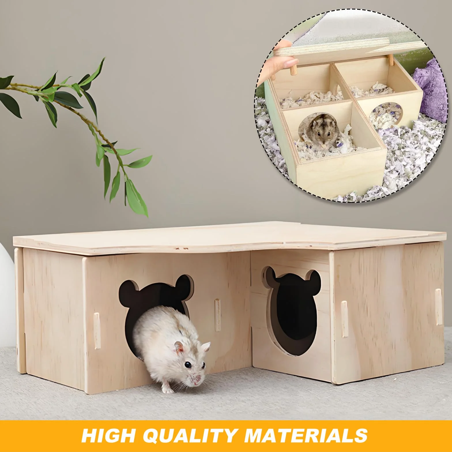 SenZee Maison pour hamster en bois, cachette multi-chambres en bois avec couvercle pour hamsters et petits animaux de compagnie
