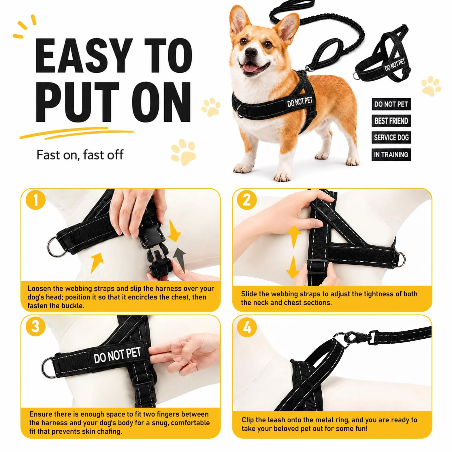 Harnais Chien Anti Traction Réglable avec Poignée de Contrôle Réfléchissant Noir L