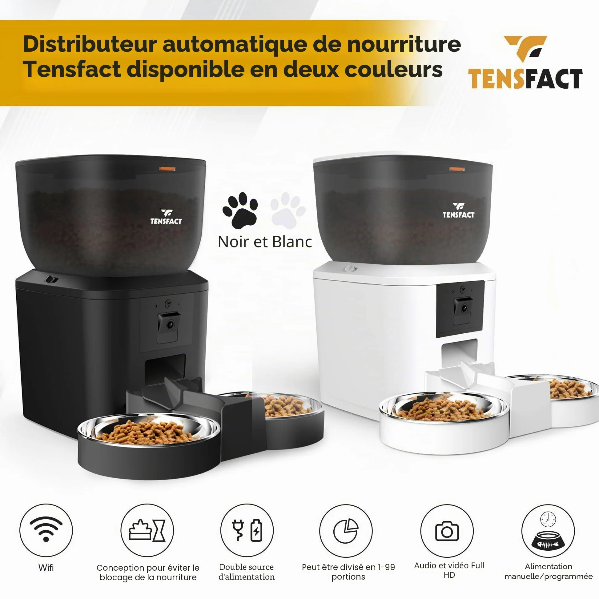 Gamelle Automatique Chat - Distributeur Automatique Chat avec Caméra Full HD - Gamelle Simple et Duo - Blanc