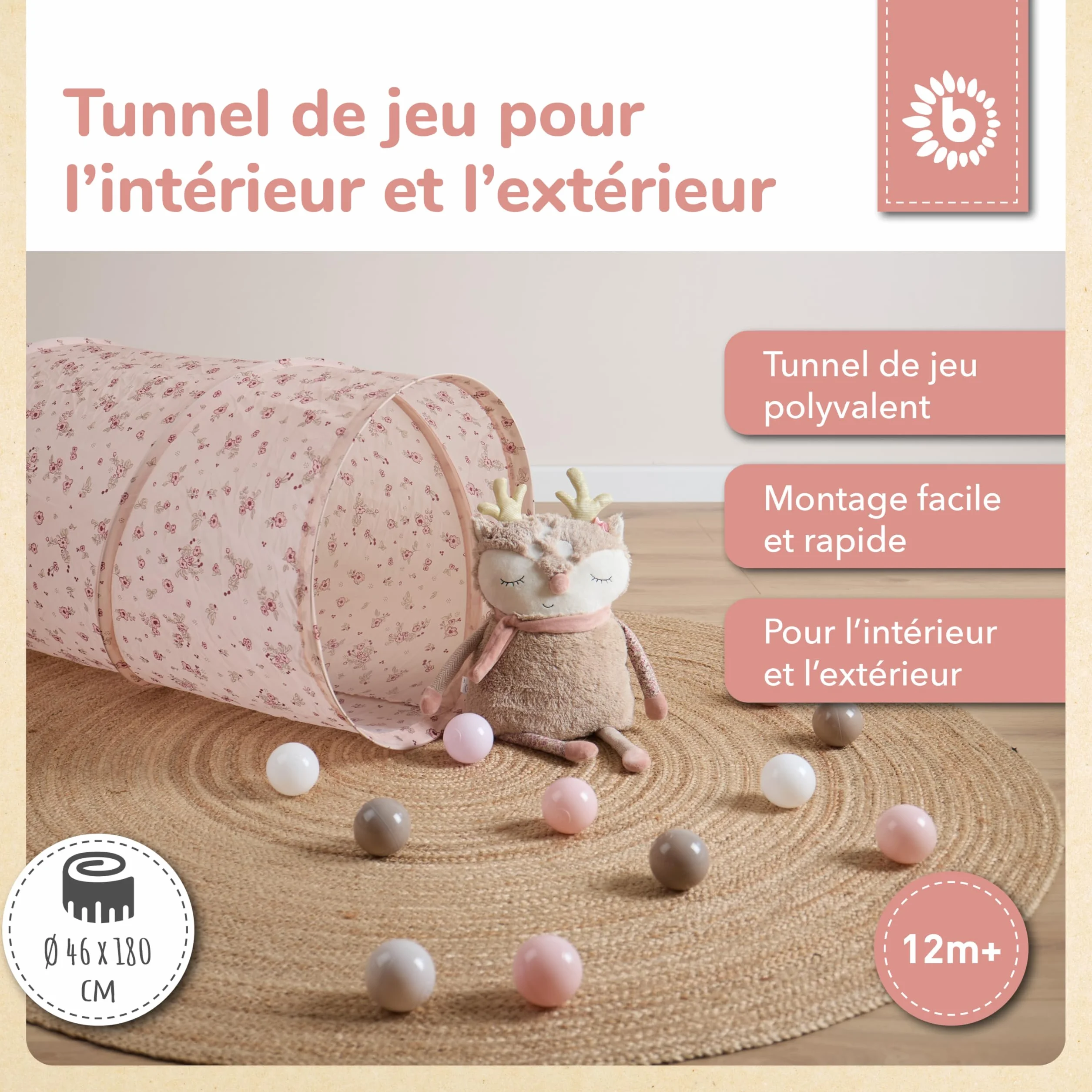 Bieco Tunnel Enfant XXL Dreamy Flowers | 180 x 46 cm | Jeux Exterieur Enfant 1 Ans