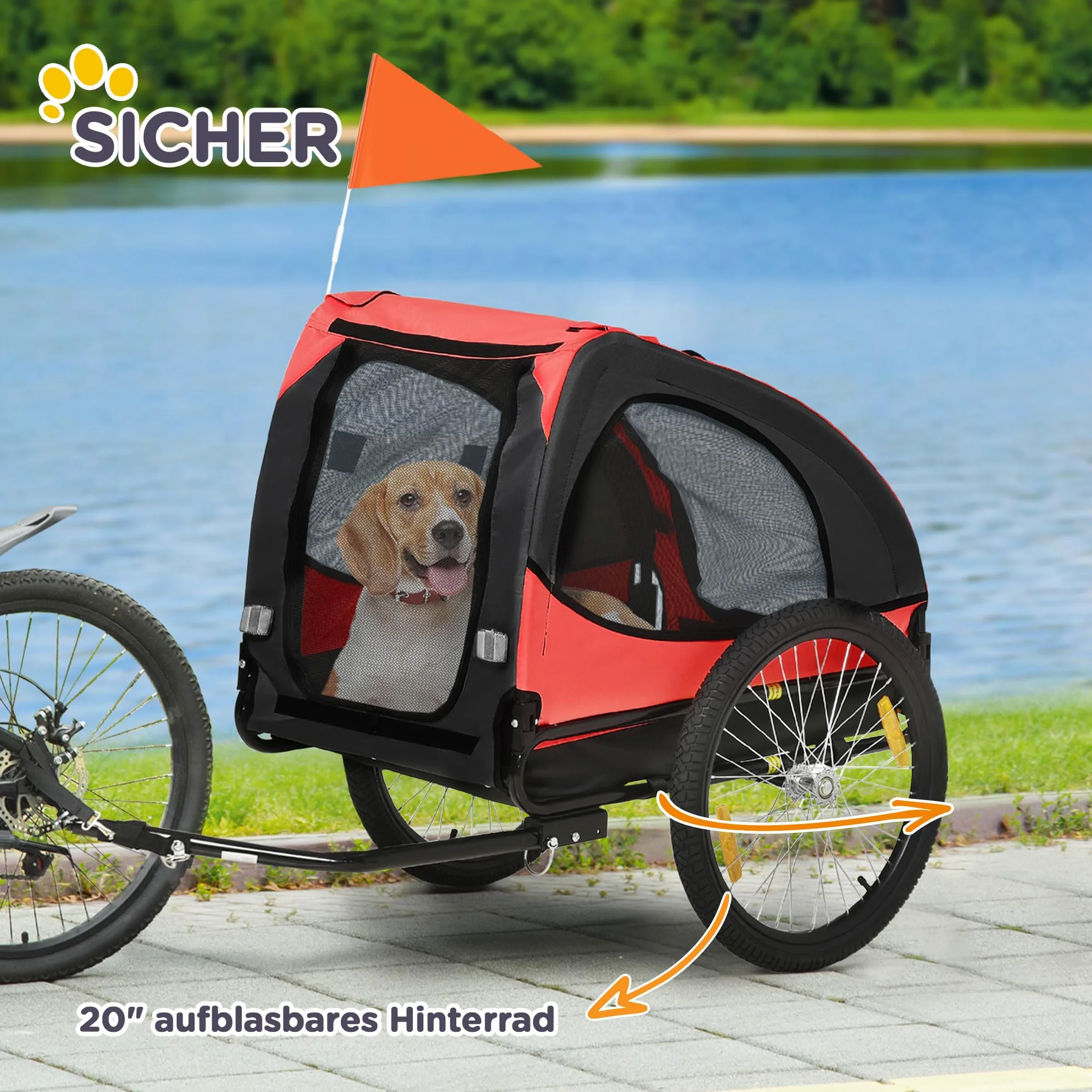 PawHut Hundeanhänger Faltbar Fahrradanhänger für Hunde Hundefahrradanhänger mit Sicherheitsleine, Reflektoren, Flagge, Aufbewahrungstasche für Hunde BIS 30 kg