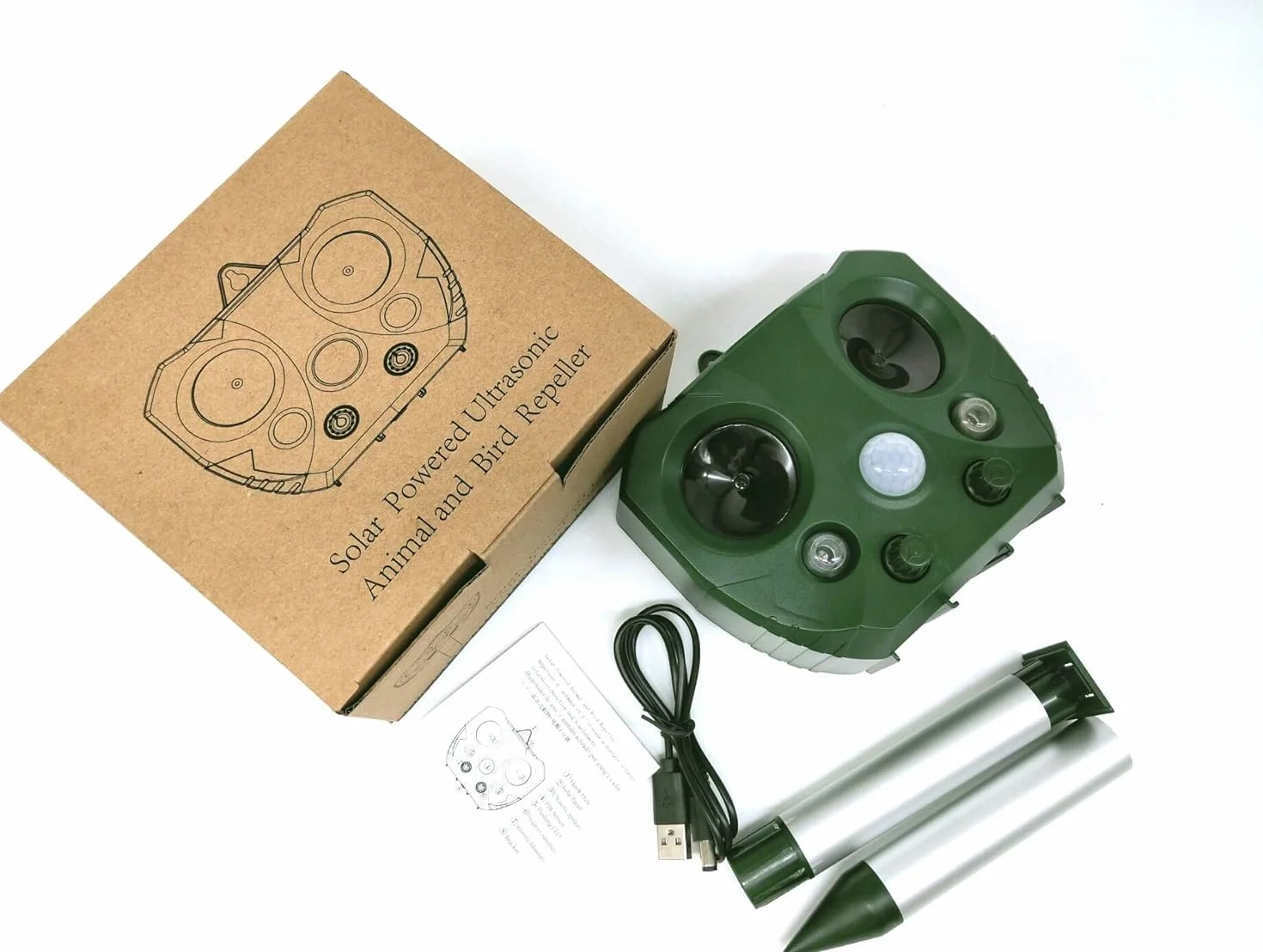 Répulsif à ultrasons pour animaux et nuisibles | Panneau solaire, batterie rechargeable, capteur infrarouge, flash LED