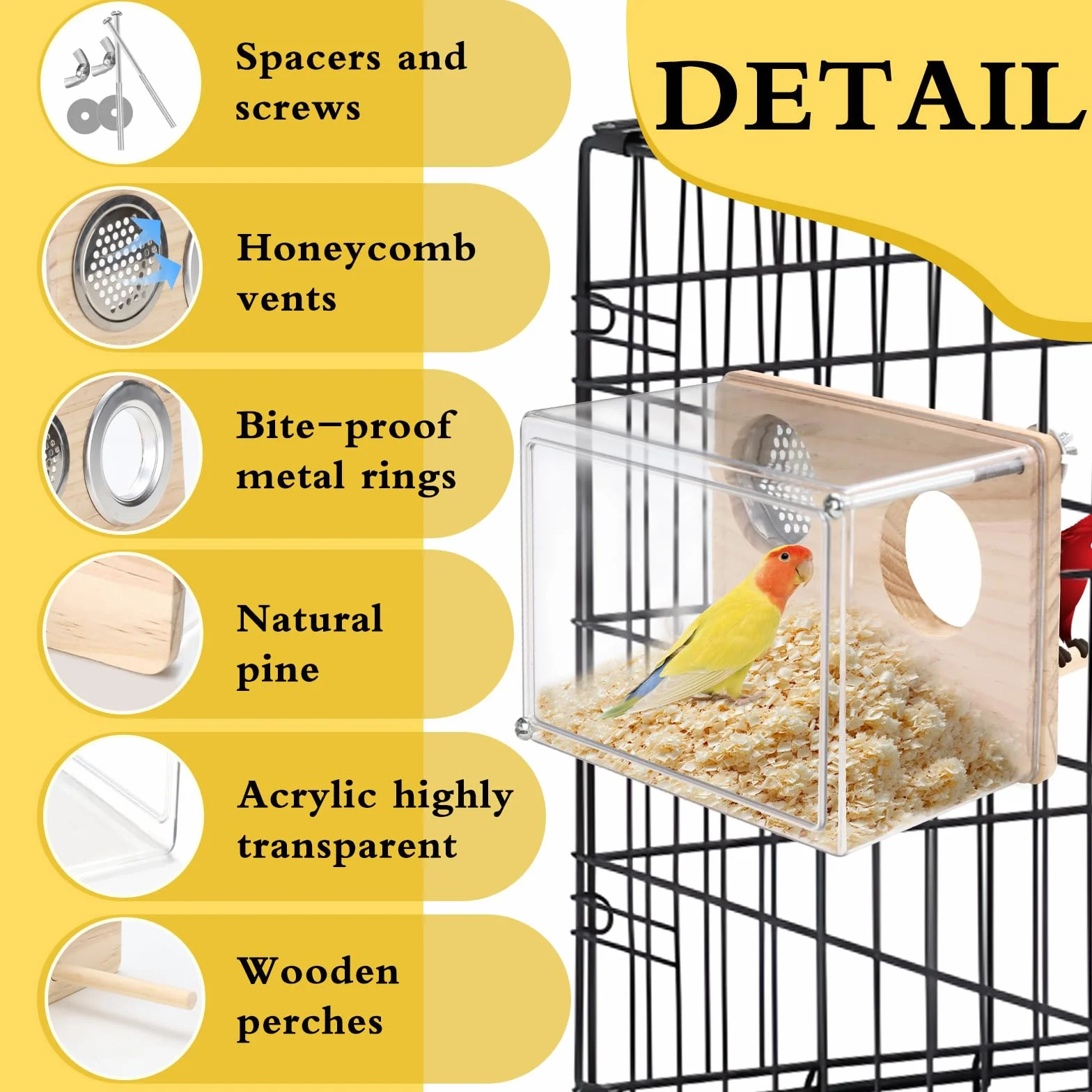 Nichoir pour cage à perruches en PET transparent - Accessoire pour canaris, inséparables, perroquets - Avec perchoir en bois (taille S)